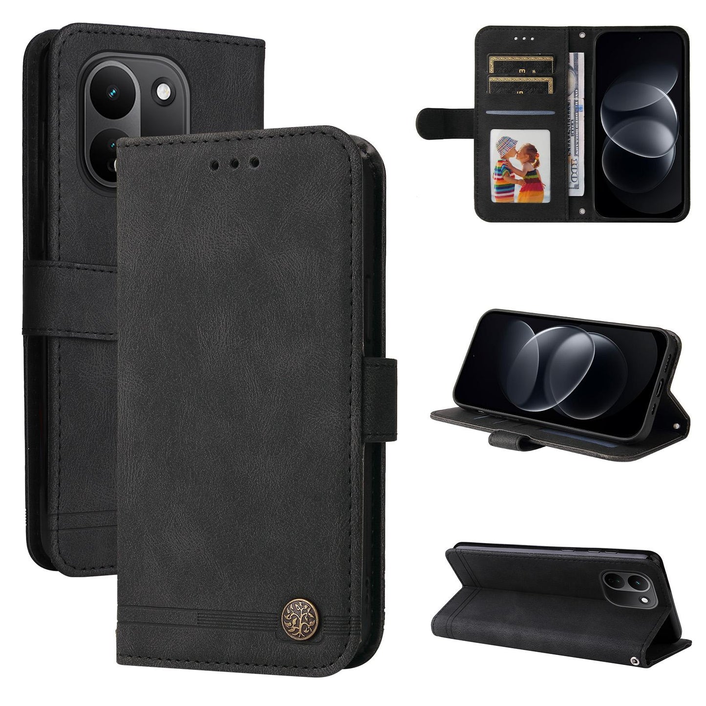 For Redmi Note 17 Pro+ 5G Global 163mm Skin Feel Life Tree Metal Button Leather Phone Case(Black)