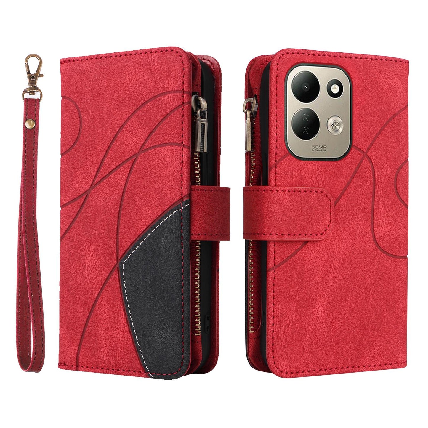 For Redmi 17 5G / 4G Global 170mm Dual-color 9 Card Slots Zipper Wallet Leather Phone Case(Red)