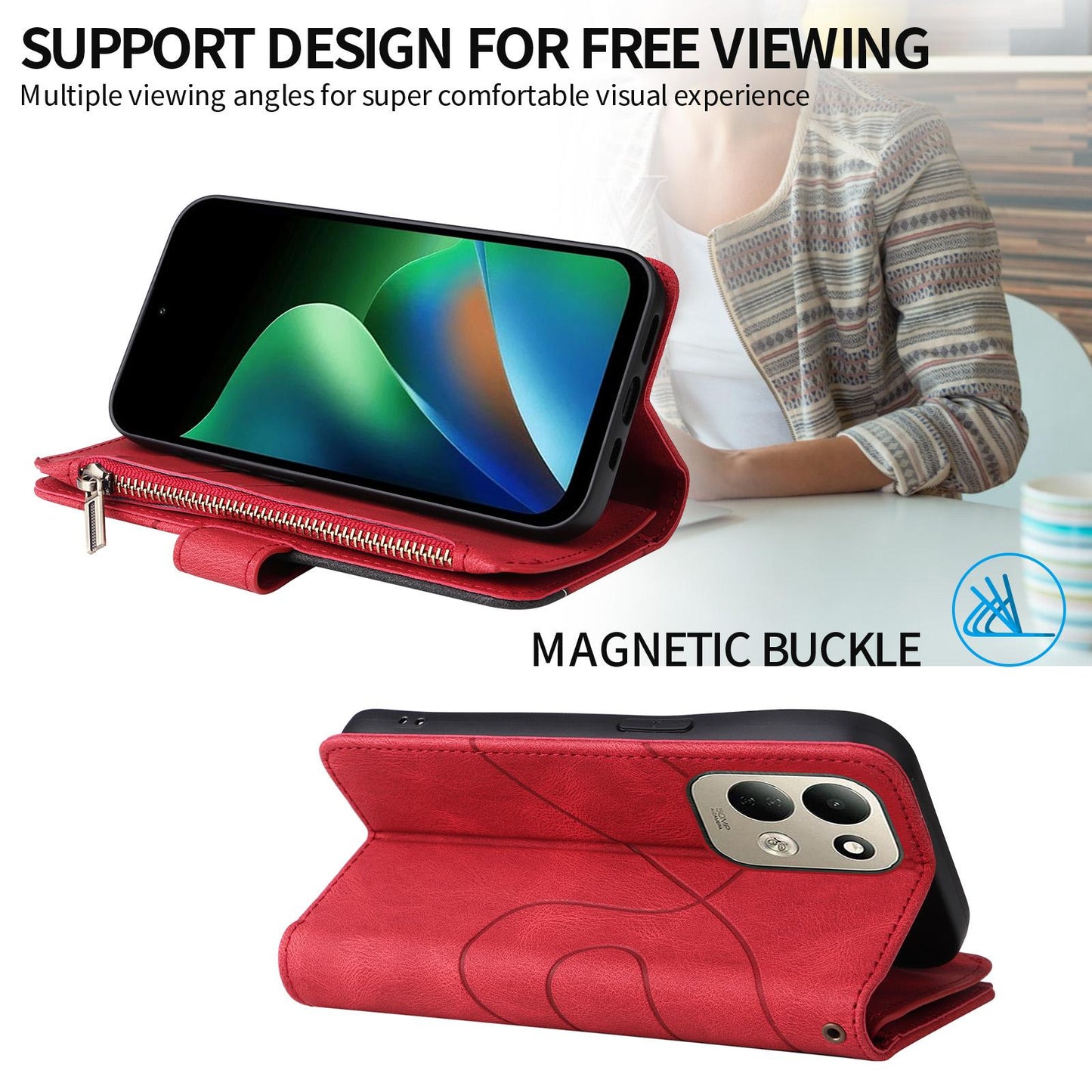 For Redmi 17 5G / 4G Global 170mm Dual-color 9 Card Slots Zipper Wallet Leather Phone Case(Red)