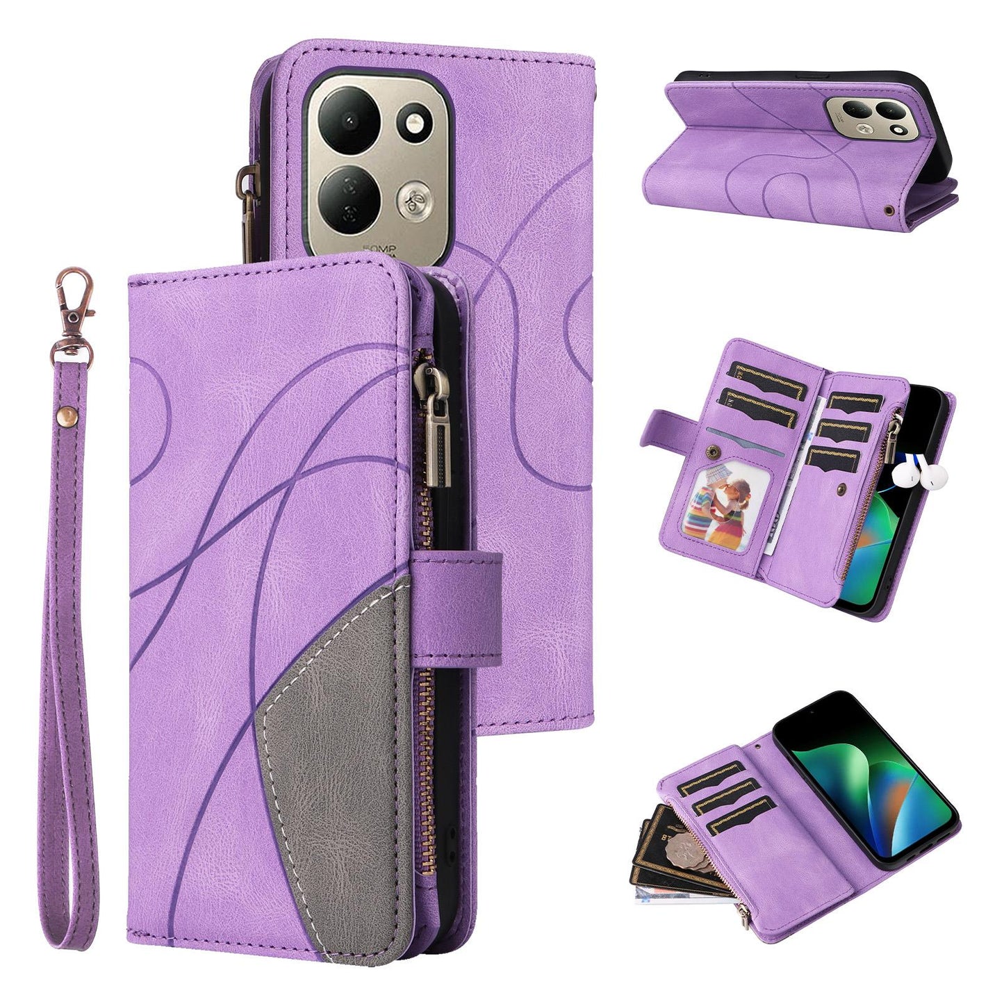 For Redmi 17 5G / 4G Global 170mm Dual-color 9 Card Slots Zipper Wallet Leather Phone Case(Purple)