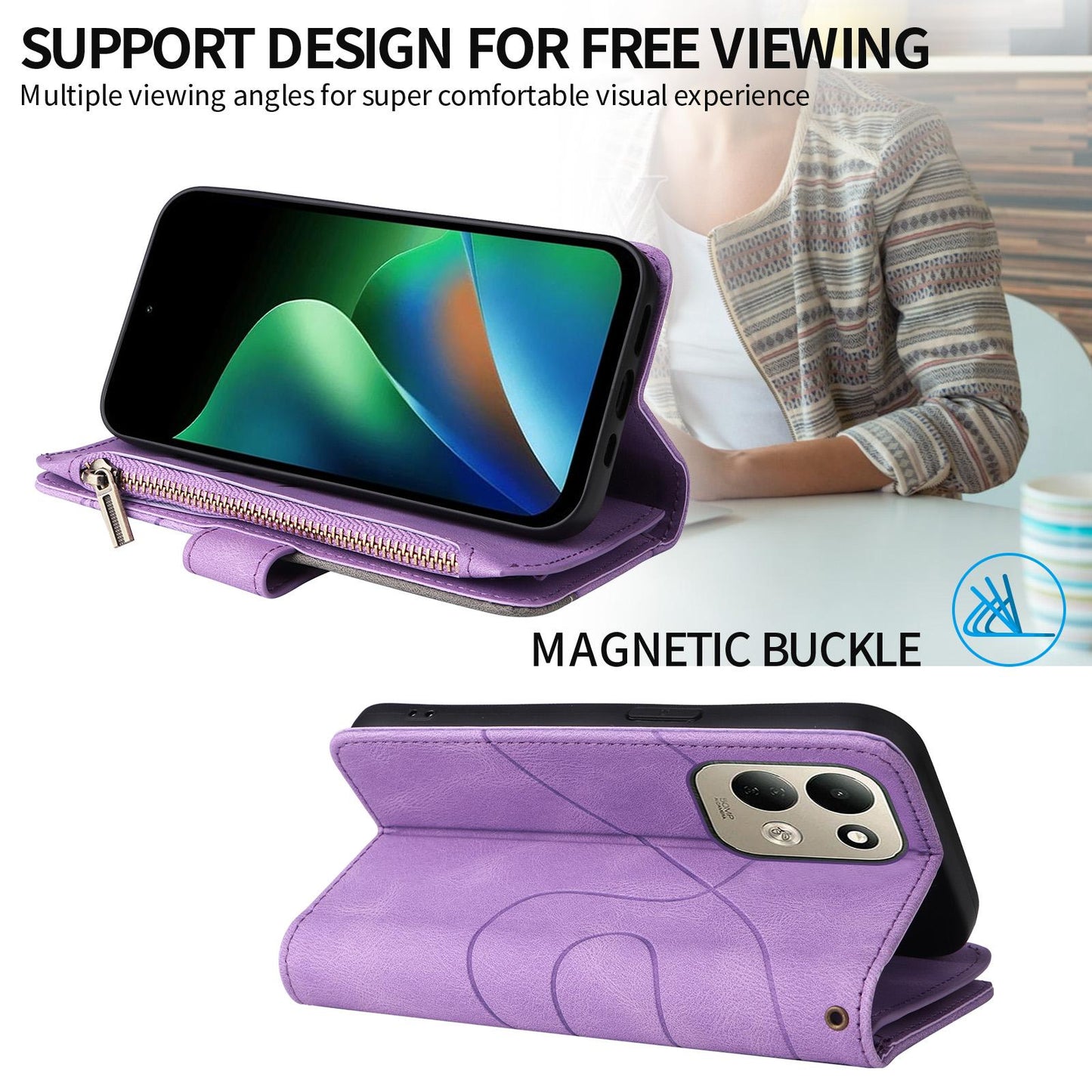 For Redmi 17 5G / 4G Global 170mm Dual-color 9 Card Slots Zipper Wallet Leather Phone Case(Purple)