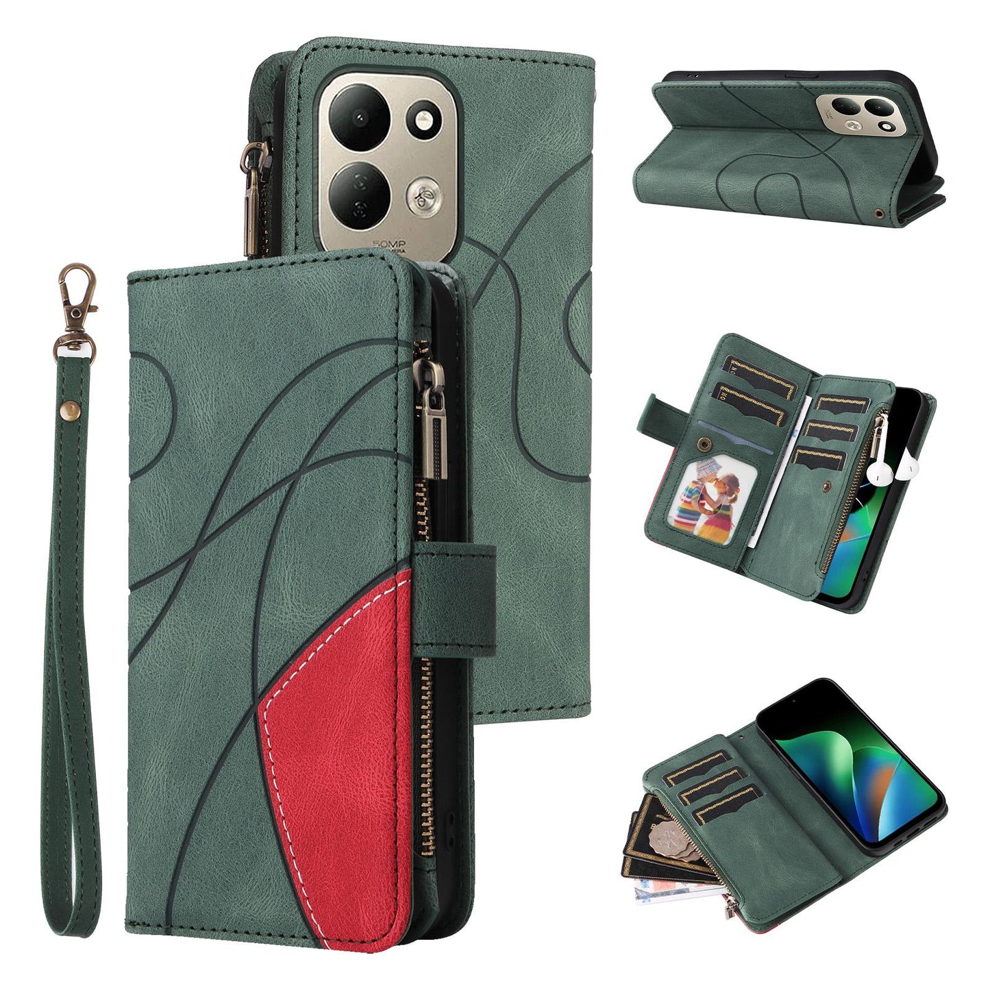 For Redmi 17 5G / 4G Global 170mm Dual-color 9 Card Slots Zipper Wallet Leather Phone Case(Green)