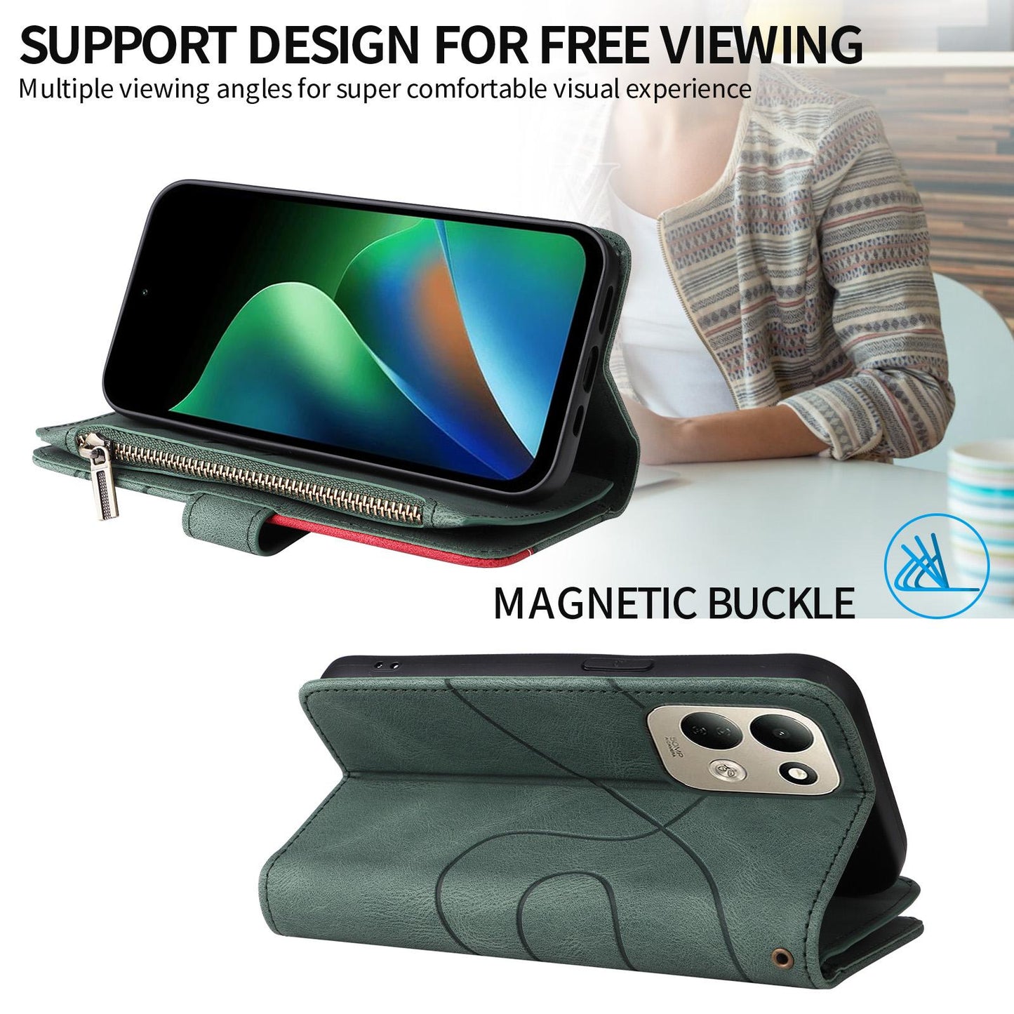 For Redmi 17 5G / 4G Global 170mm Dual-color 9 Card Slots Zipper Wallet Leather Phone Case(Green)