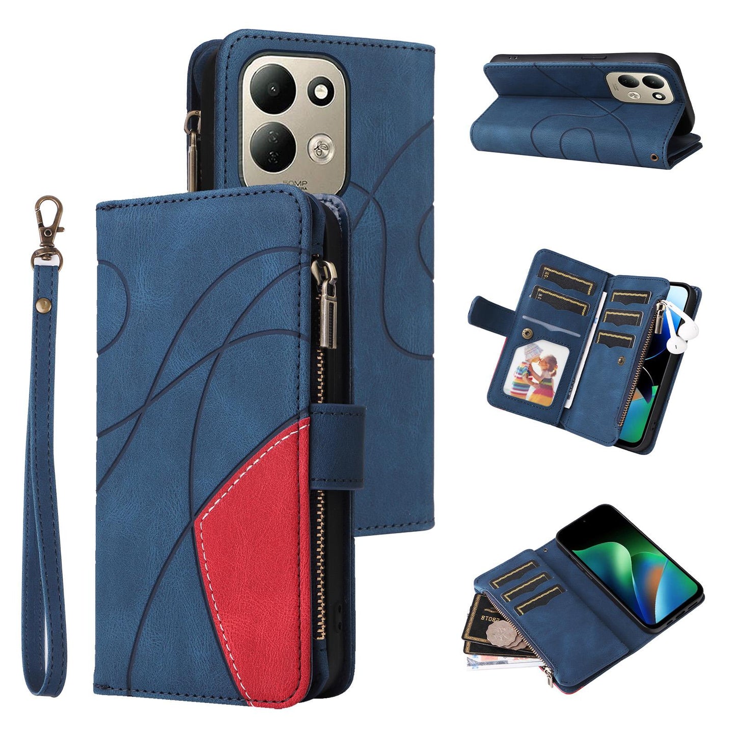 For Redmi 17 5G / 4G Global 170mm Dual-color 9 Card Slots Zipper Wallet Leather Phone Case(Blue)