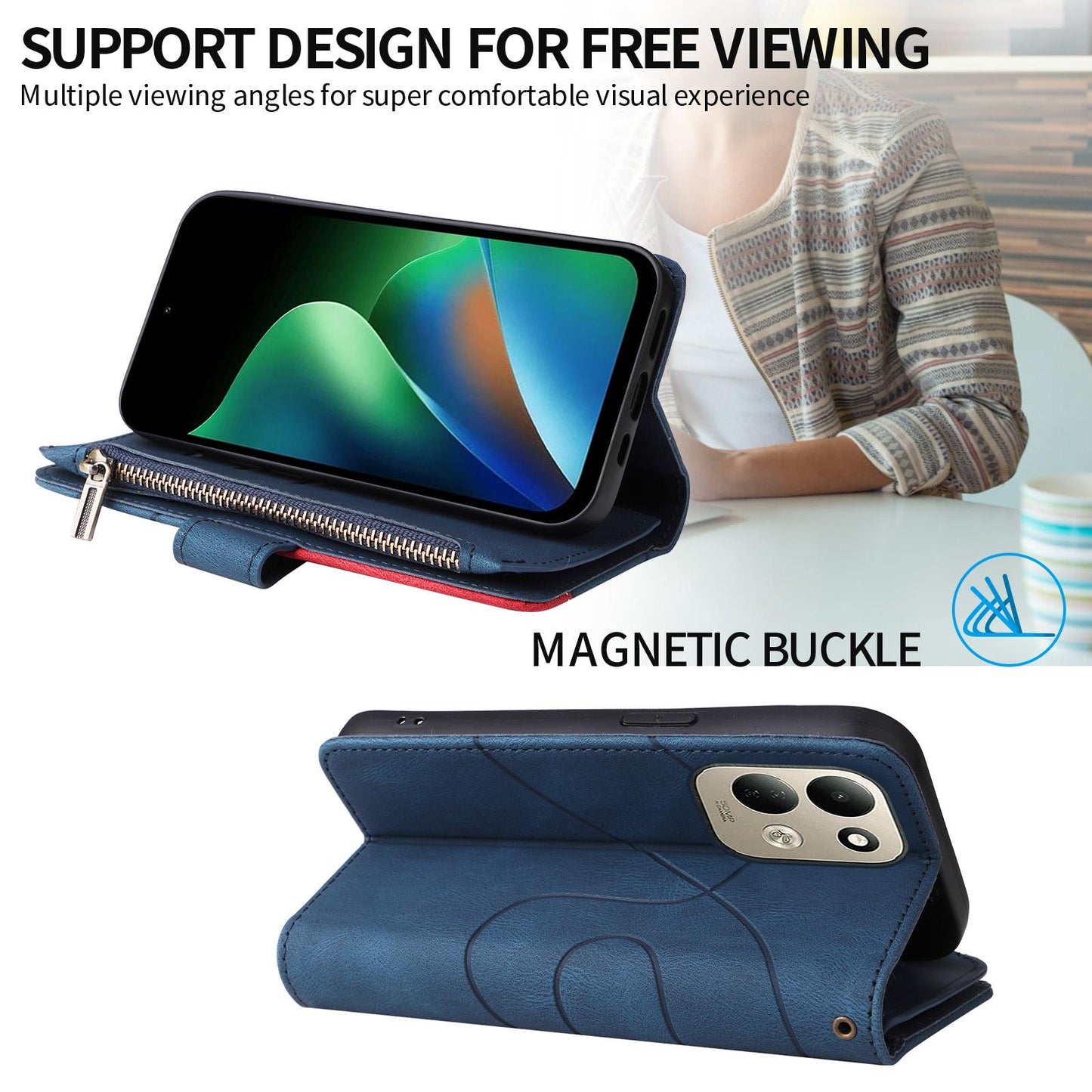 For Redmi 17 5G / 4G Global 170mm Dual-color 9 Card Slots Zipper Wallet Leather Phone Case(Blue)