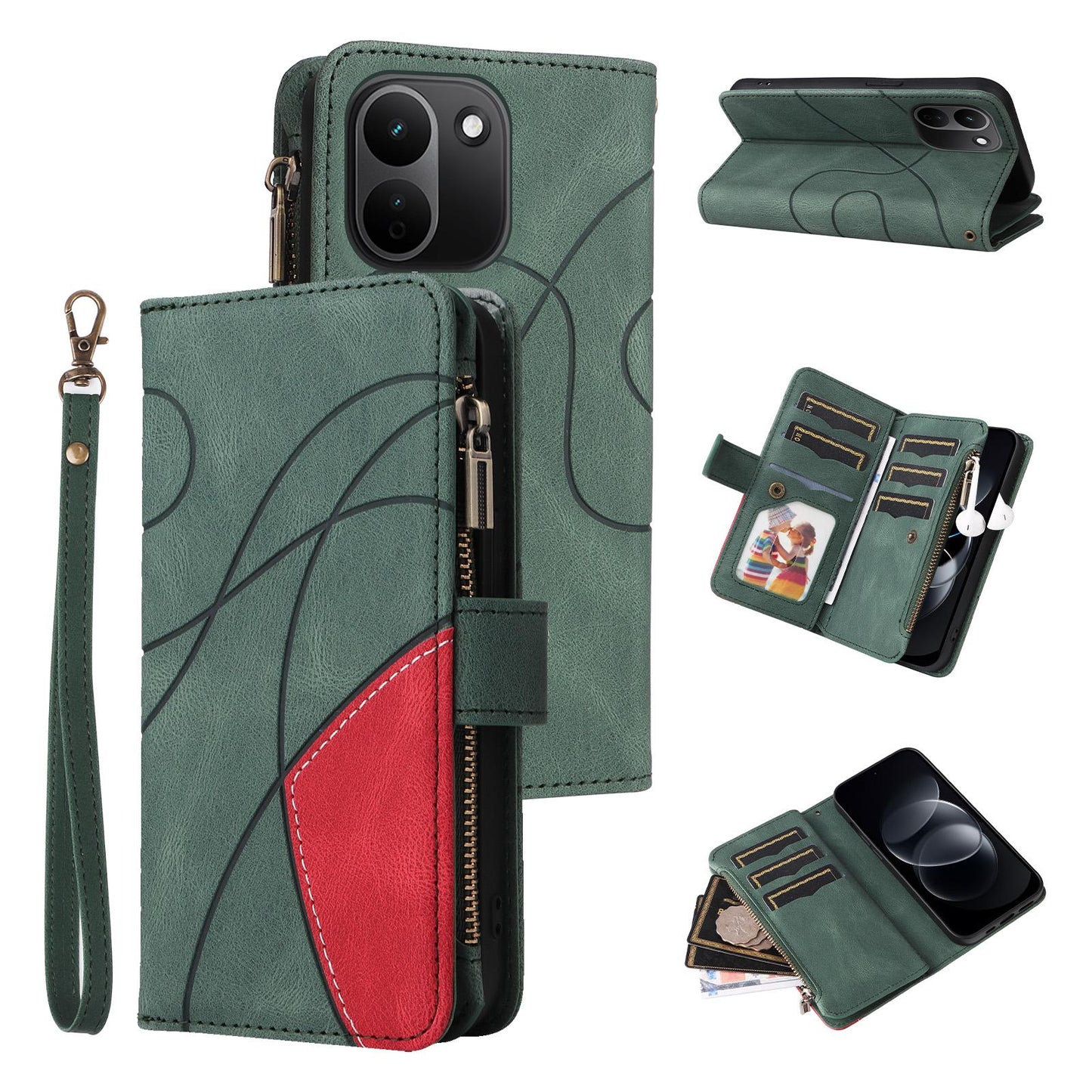 For Redmi Note 17 Pro+ 5G Global 163mm Dual-color 9 Card Slots Zipper Wallet Leather Phone Case(Green)