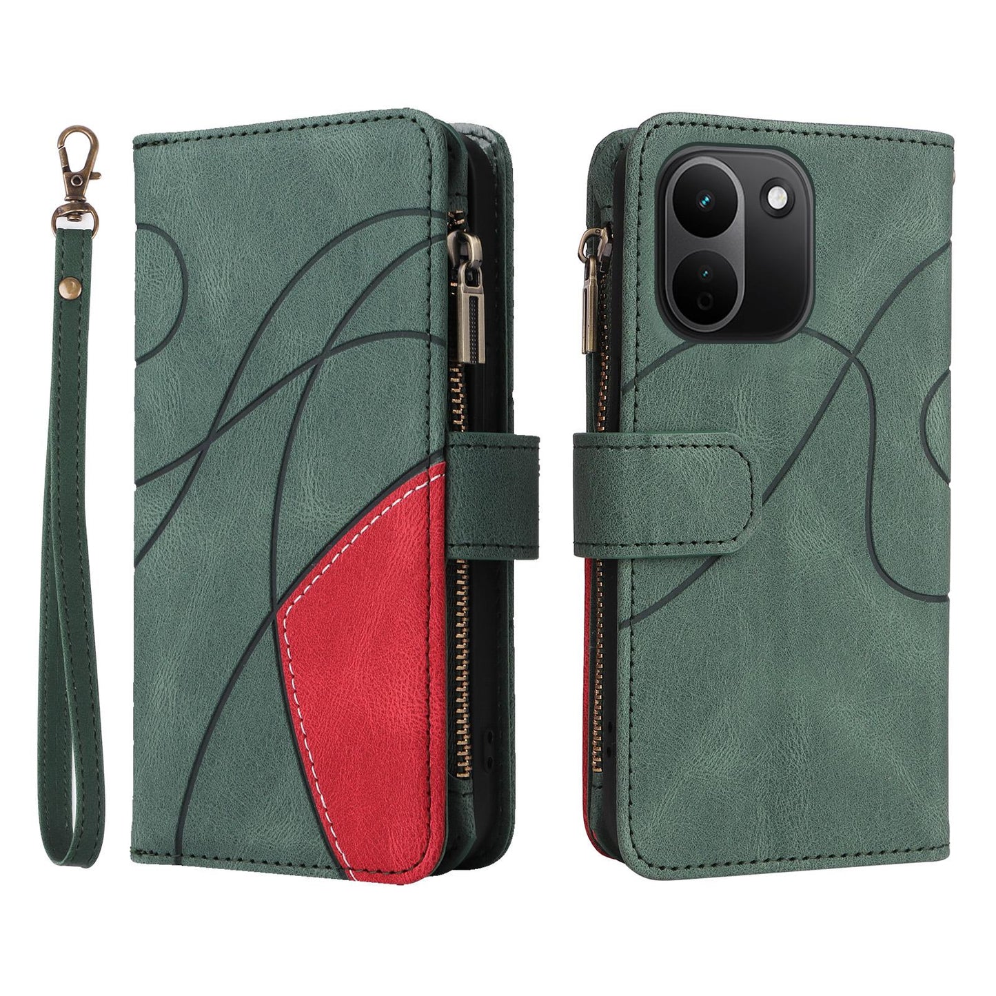 For Redmi Note 17 Pro+ 5G Global 163mm Dual-color 9 Card Slots Zipper Wallet Leather Phone Case(Green)