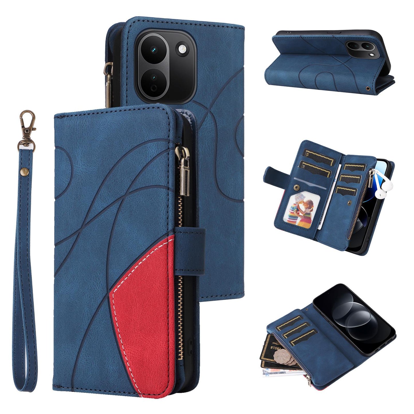 For Redmi Note 17 Pro+ 5G Global 163mm Dual-color 9 Card Slots Zipper Wallet Leather Phone Case(Blue)