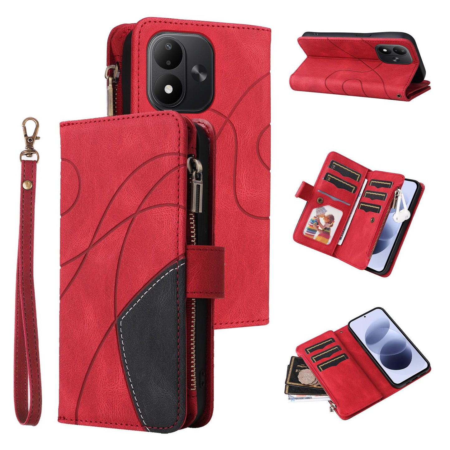 For Redmi Note 17 5G/4G Global 171mm Dual-color 9 Card Slots Zipper Wallet Leather Phone Case(Red)