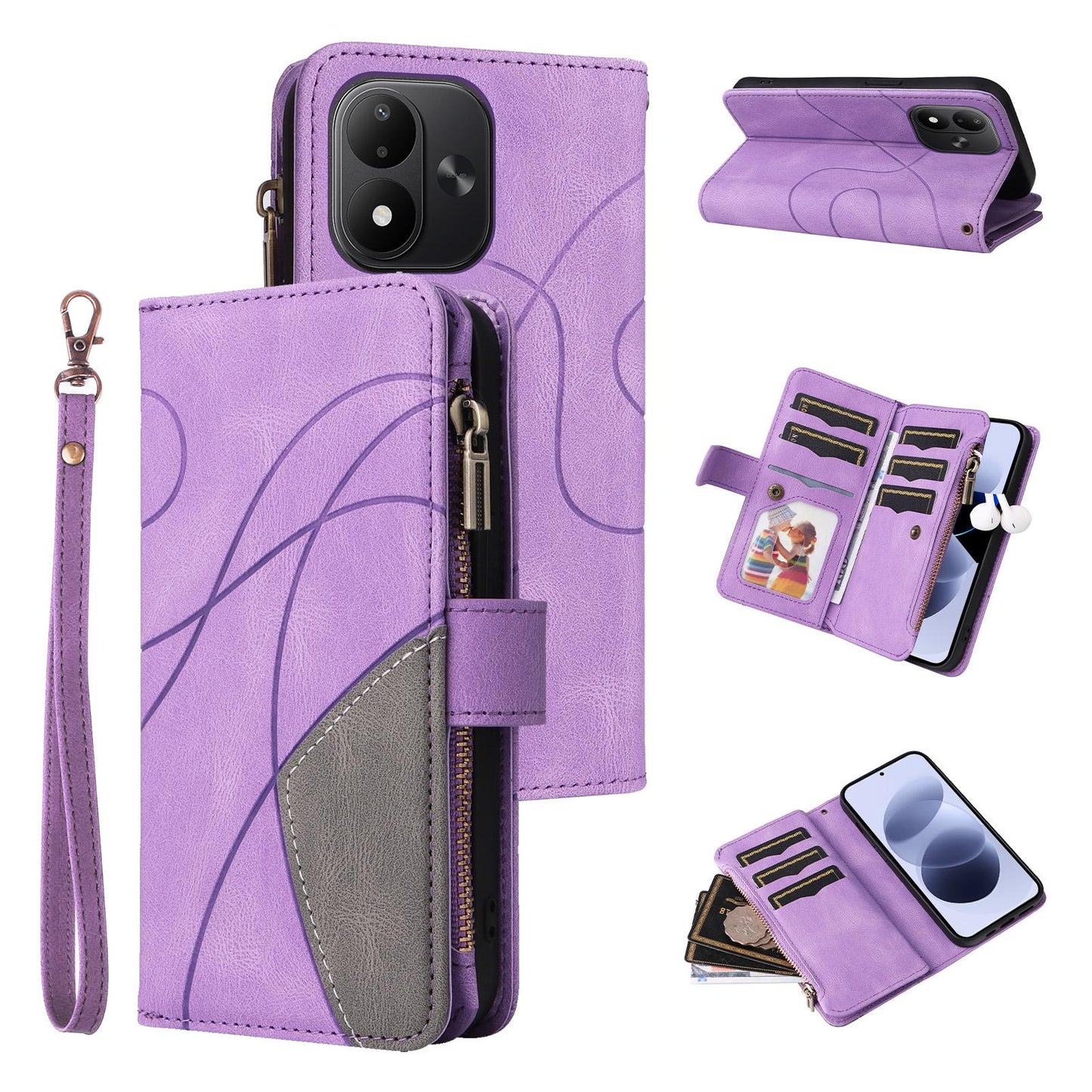 For Redmi Note 17 5G/4G Global 171mm Dual-color 9 Card Slots Zipper Wallet Leather Phone Case(Purple)