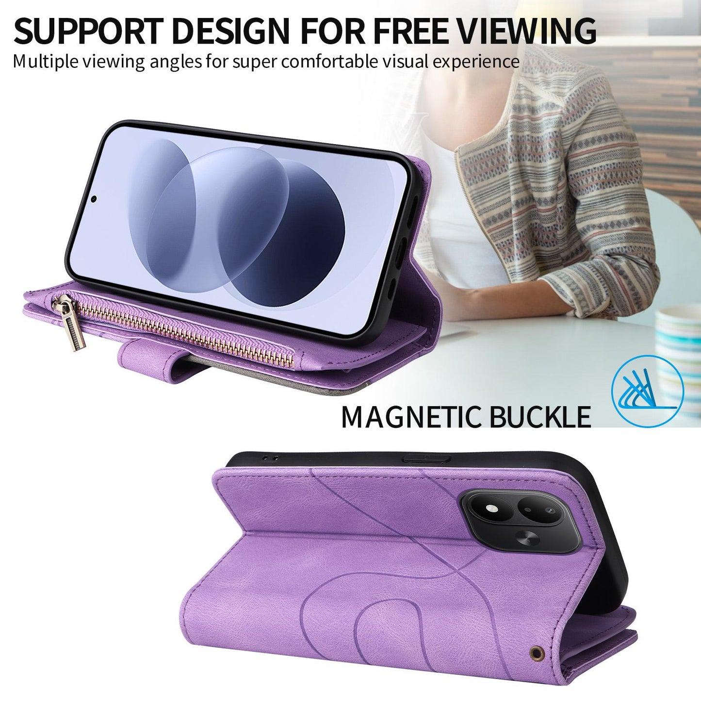 For Redmi Note 17 5G/4G Global 171mm Dual-color 9 Card Slots Zipper Wallet Leather Phone Case(Purple)