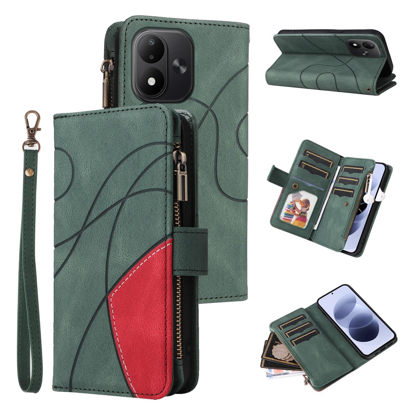 For Redmi Note 17 5G/4G Global 171mm Dual-color 9 Card Slots Zipper Wallet Leather Phone Case(Green)