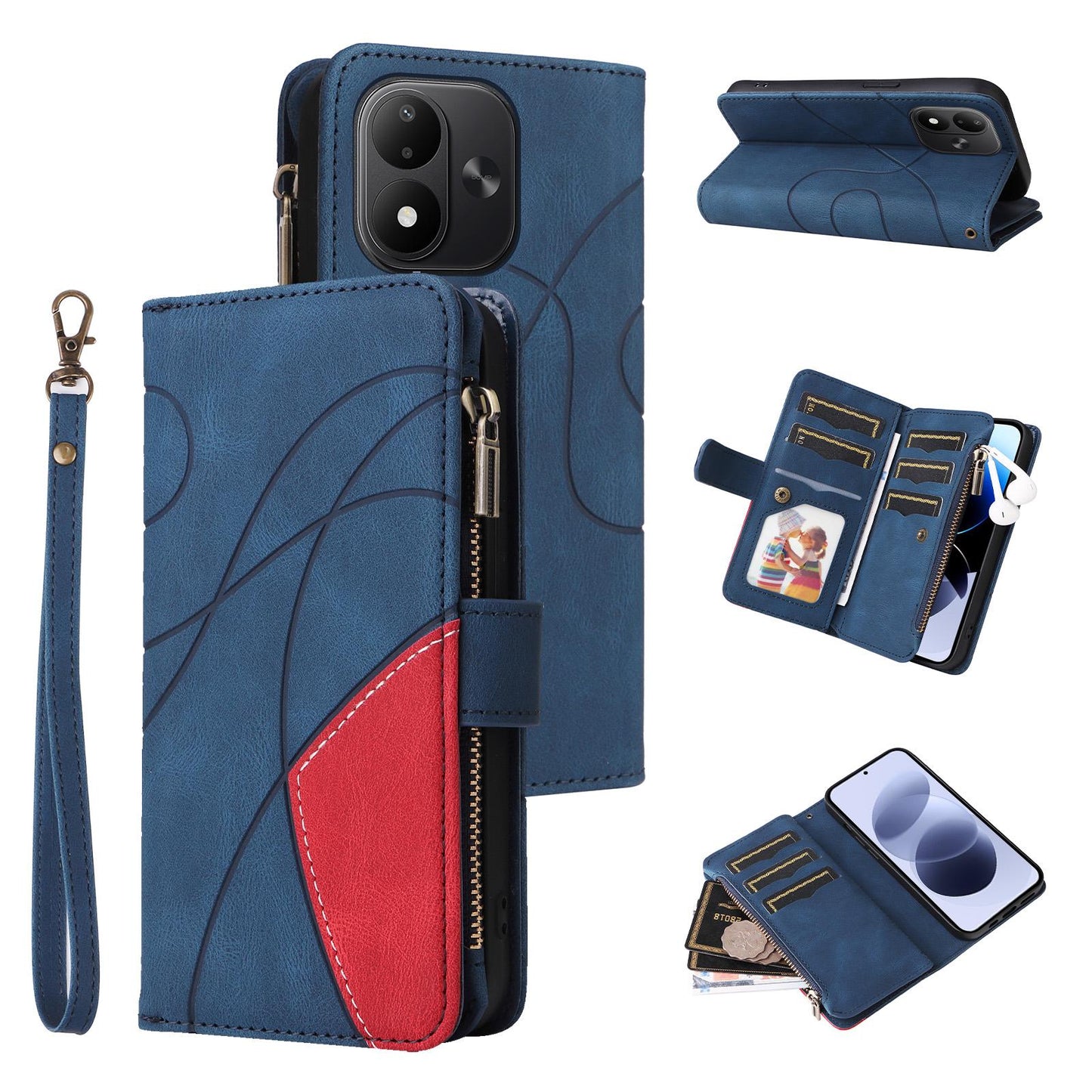 For Redmi Note 17 5G/4G Global 171mm Dual-color 9 Card Slots Zipper Wallet Leather Phone Case(Blue)