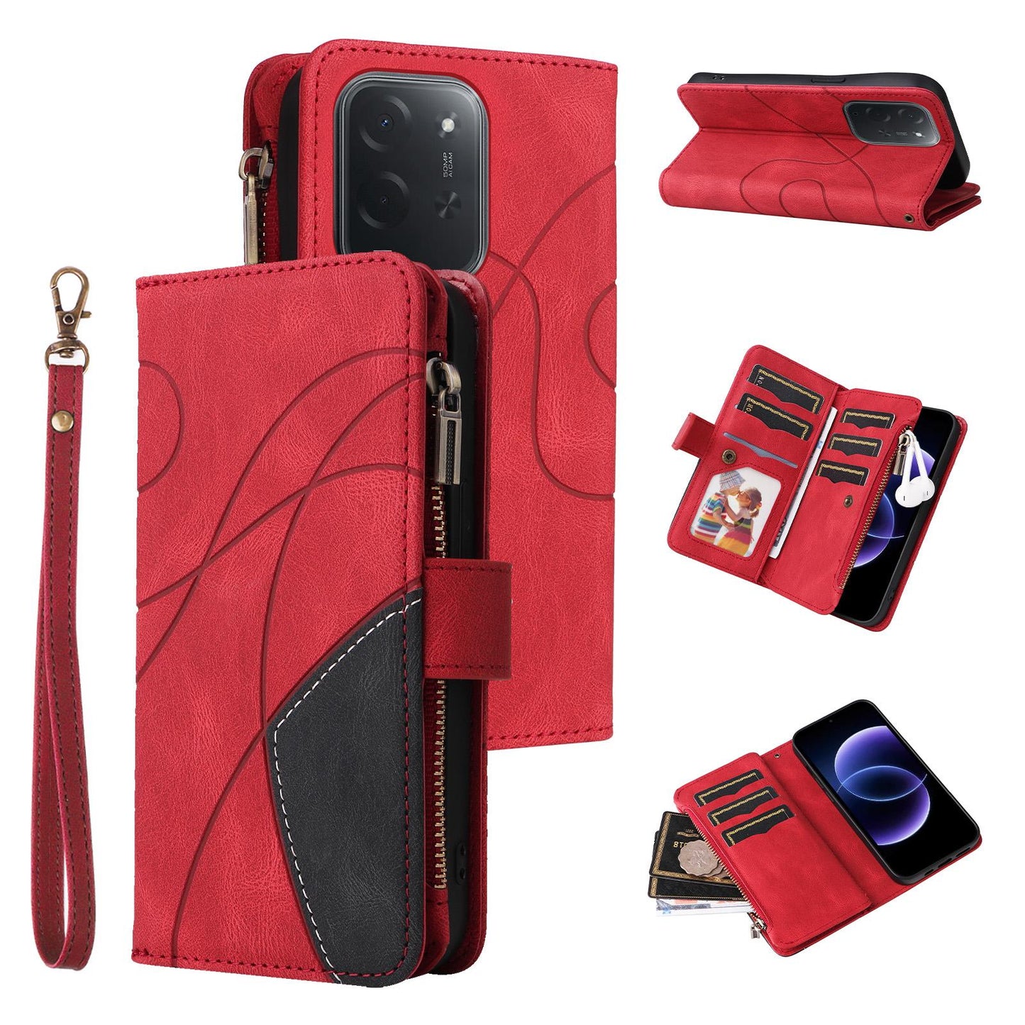 For Xiaomi Poco C95 Pro Dual-color 9 Card Slots Zipper Wallet Leather Phone Case(Red)