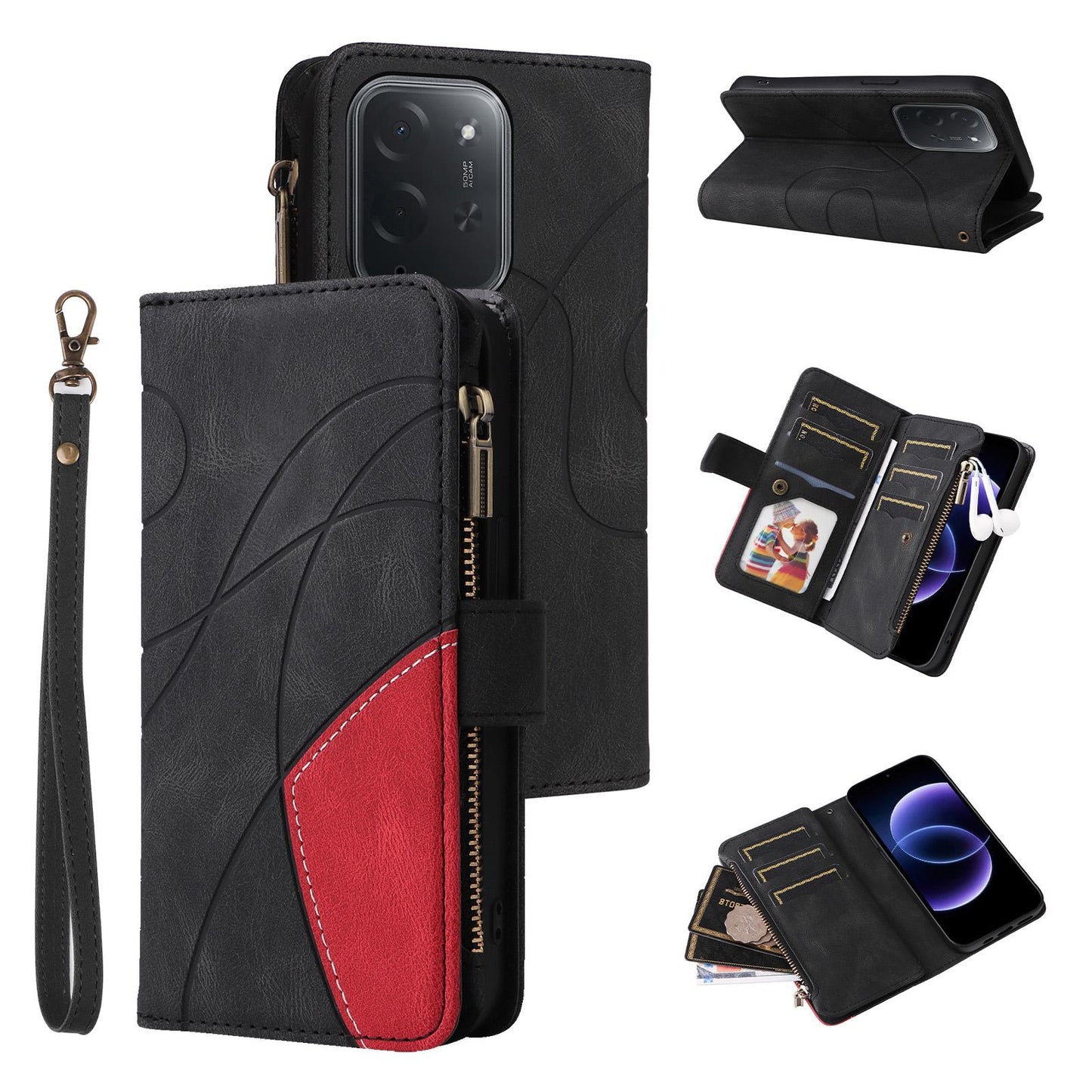 For Xiaomi Poco C95 Pro Dual-color 9 Card Slots Zipper Wallet Leather Phone Case(Black)