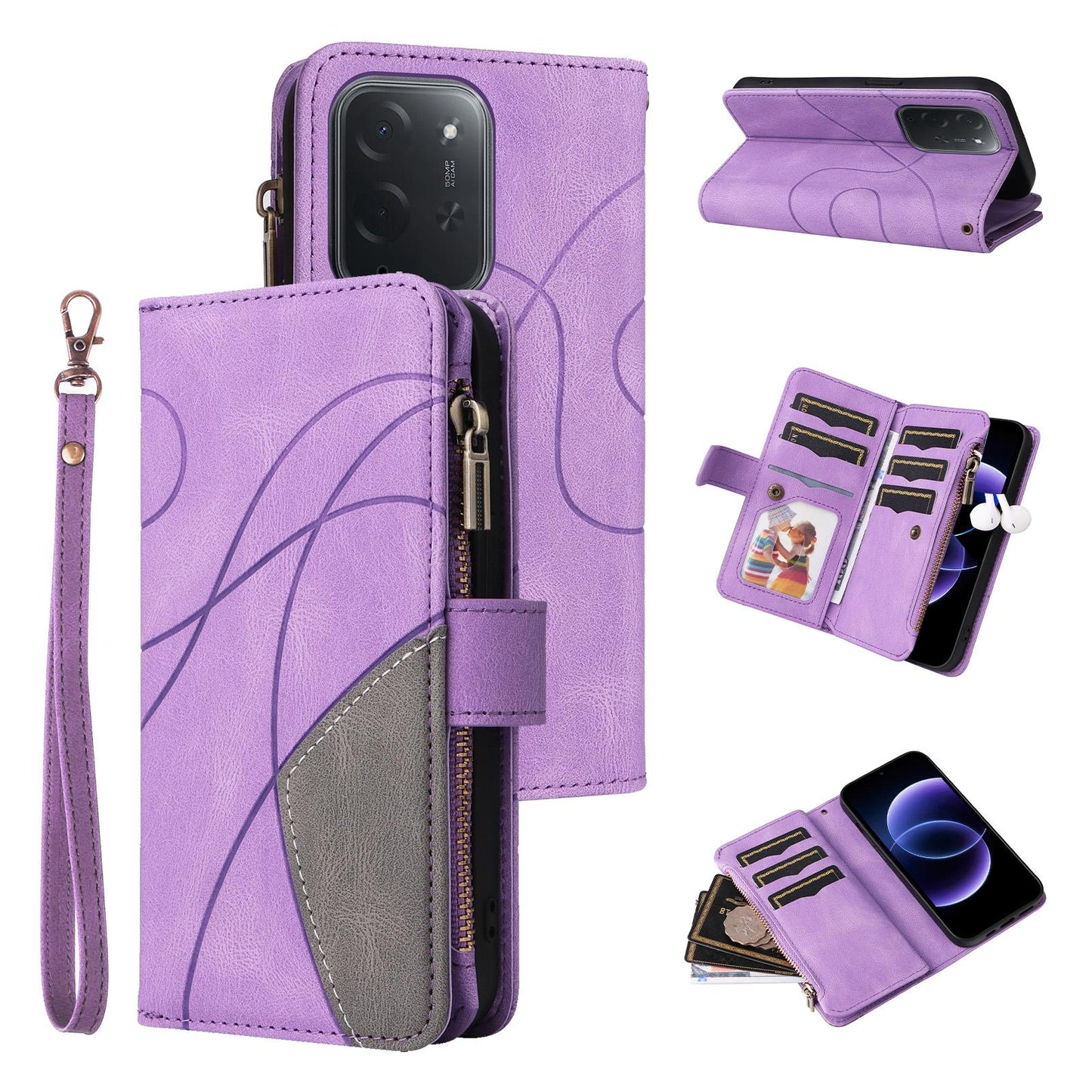 For Xiaomi Poco C95 Pro Dual-color 9 Card Slots Zipper Wallet Leather Phone Case(Purple)