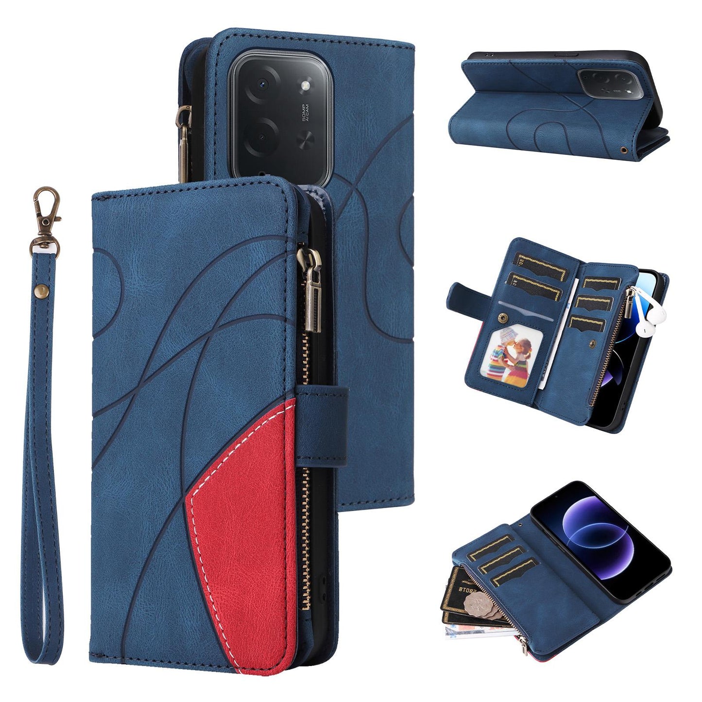 For Xiaomi Poco C95 Pro Dual-color 9 Card Slots Zipper Wallet Leather Phone Case(Blue)