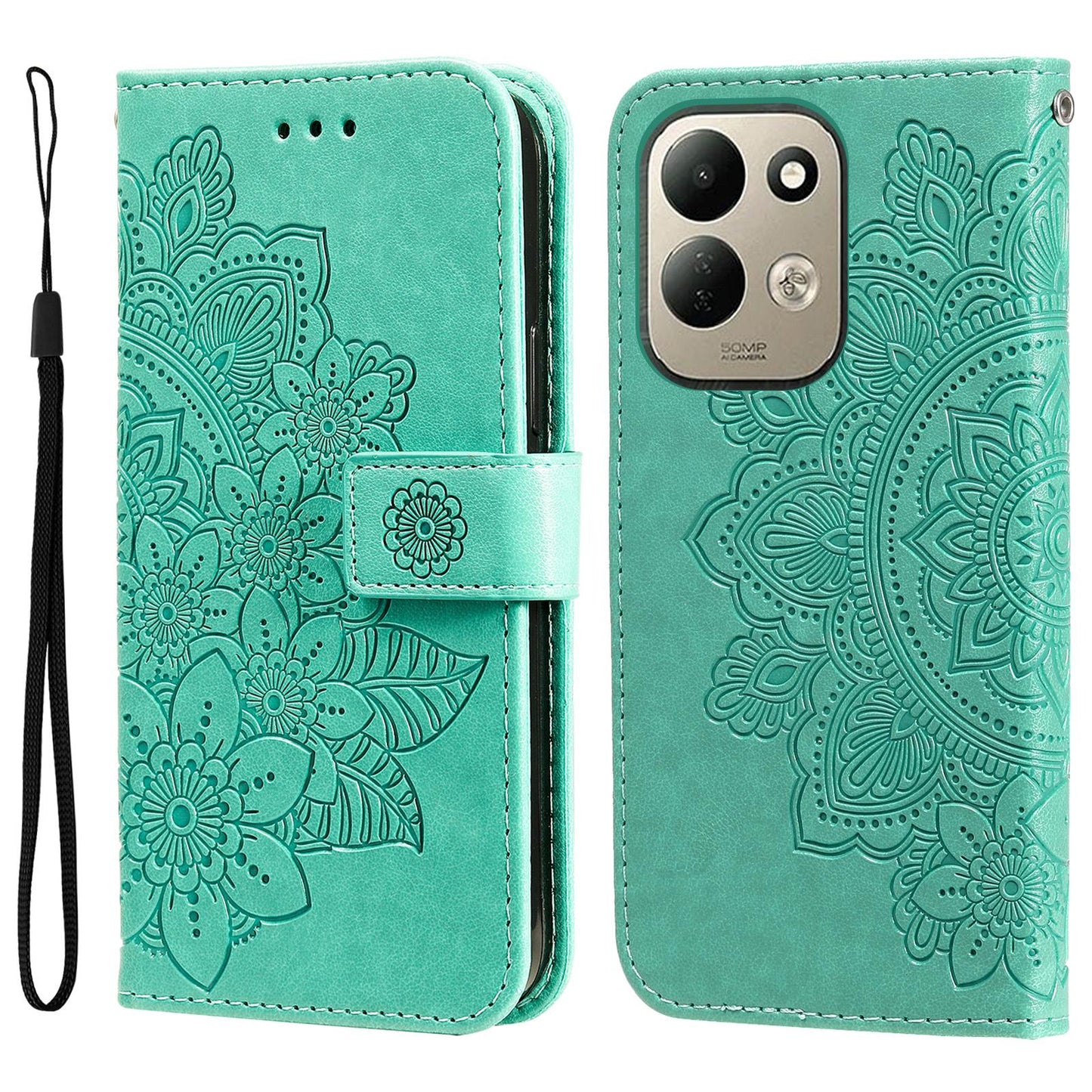 For Redmi 17 5G / 4G Global 170mm Seven-petal Flowers Embossing Leather Phone Case(Green)