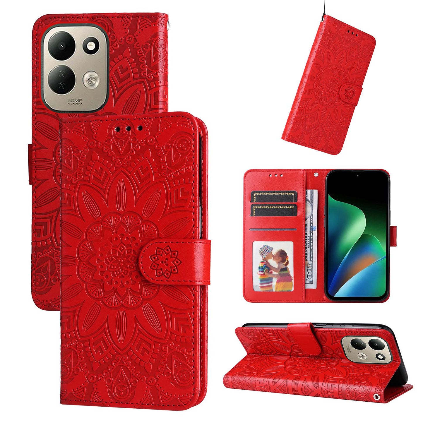 For Redmi 17 5G / 4G Global 170mm Embossed Sunflower Leather Phone Case(Red)