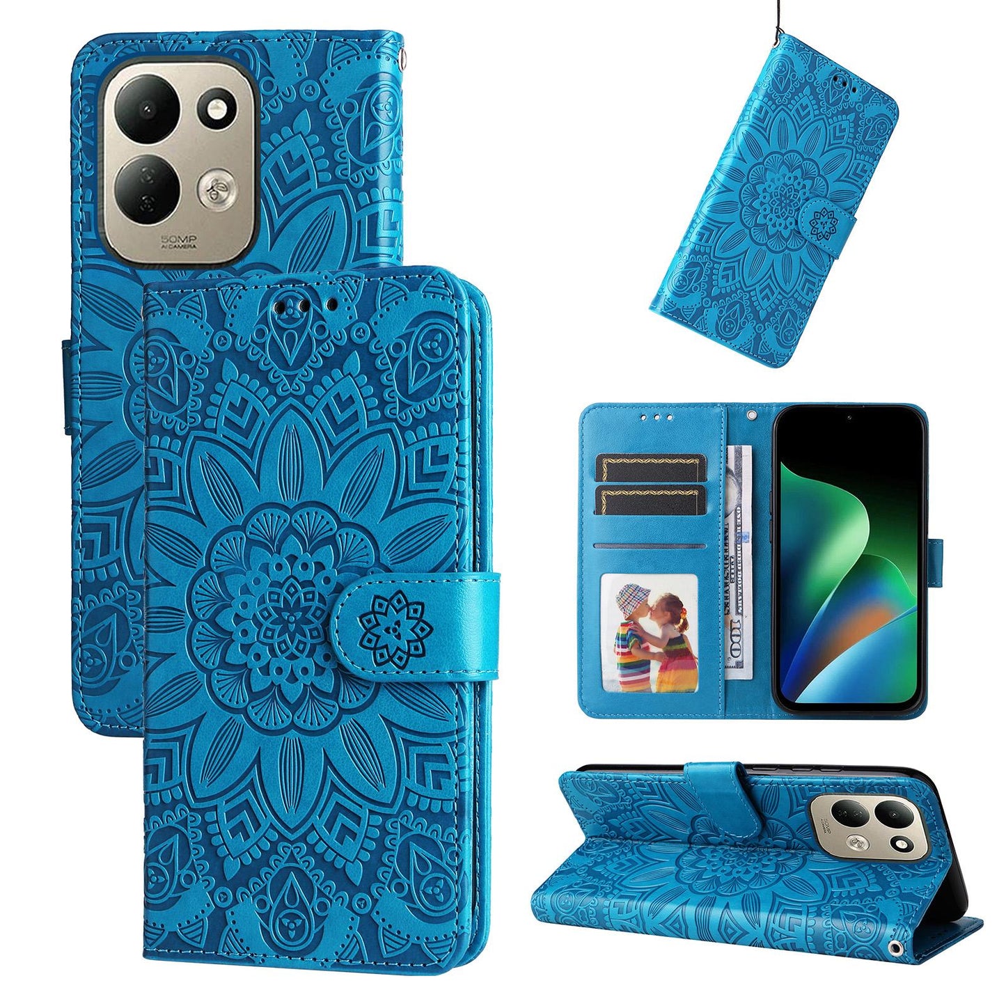For Redmi 17 5G / 4G Global 170mm Embossed Sunflower Leather Phone Case(Blue)