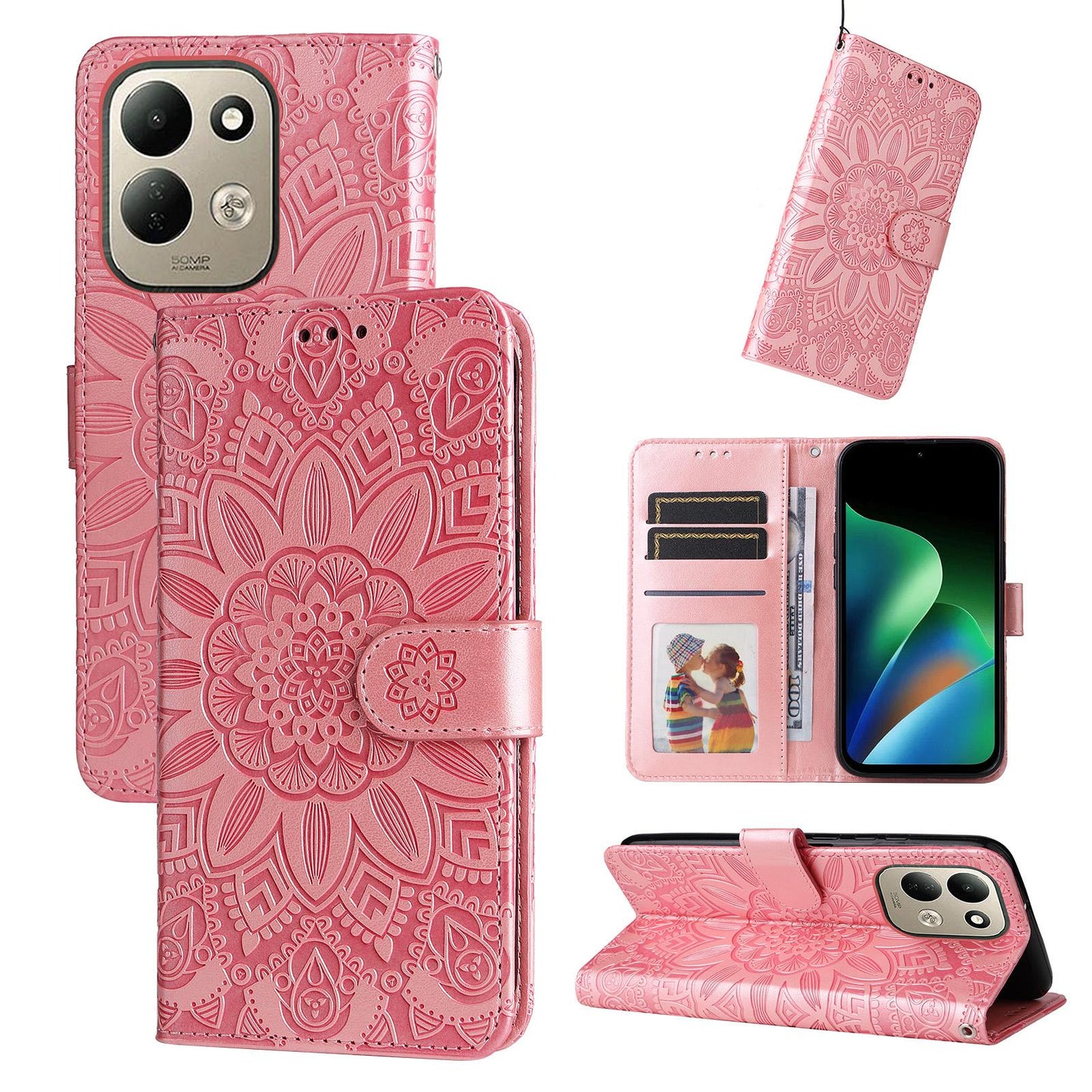 For Redmi 17 5G / 4G Global 170mm Embossed Sunflower Leather Phone Case(Rose Gold)