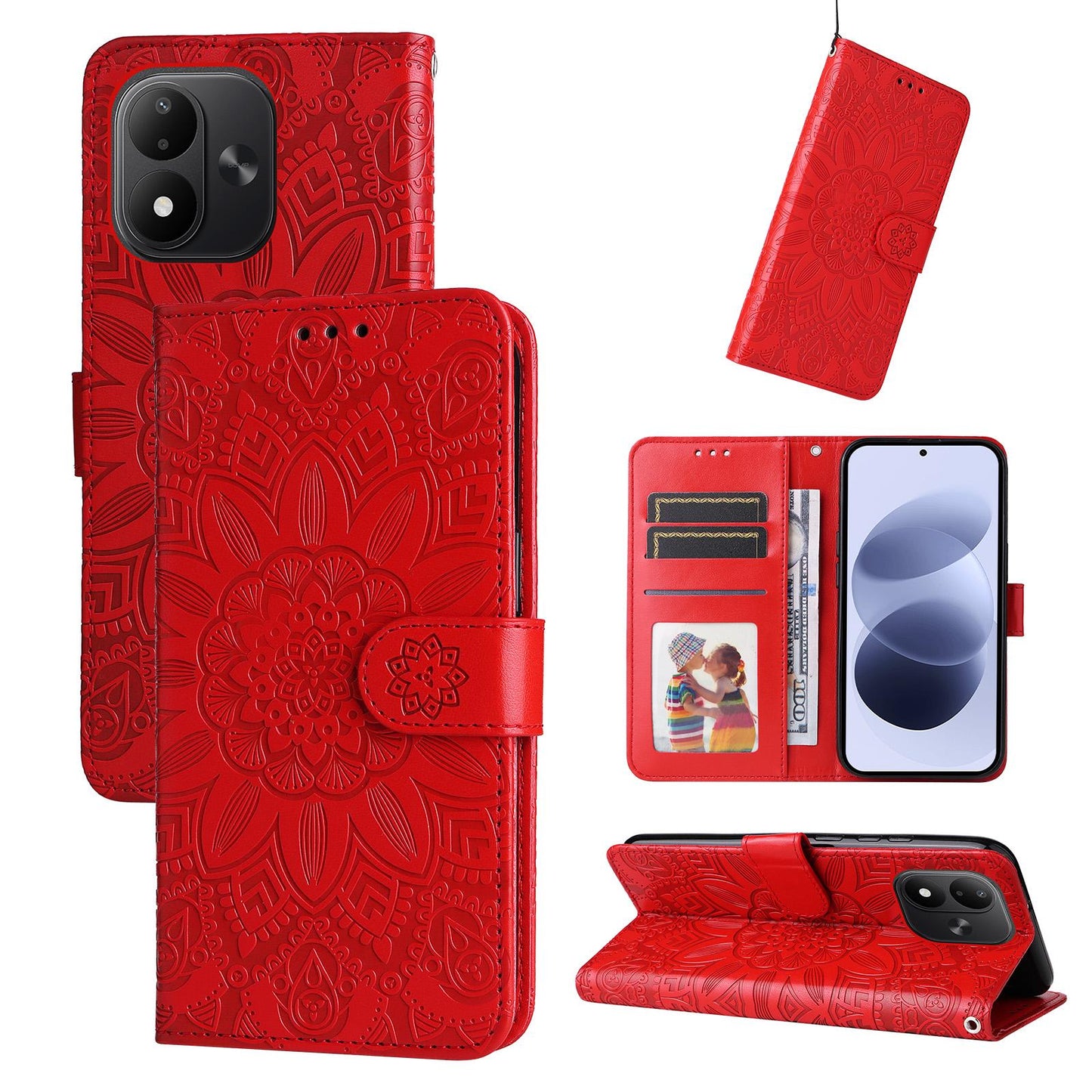 For Redmi Note 17 5G / 4G Global 171mm Embossed Sunflower Leather Phone Case(Red)