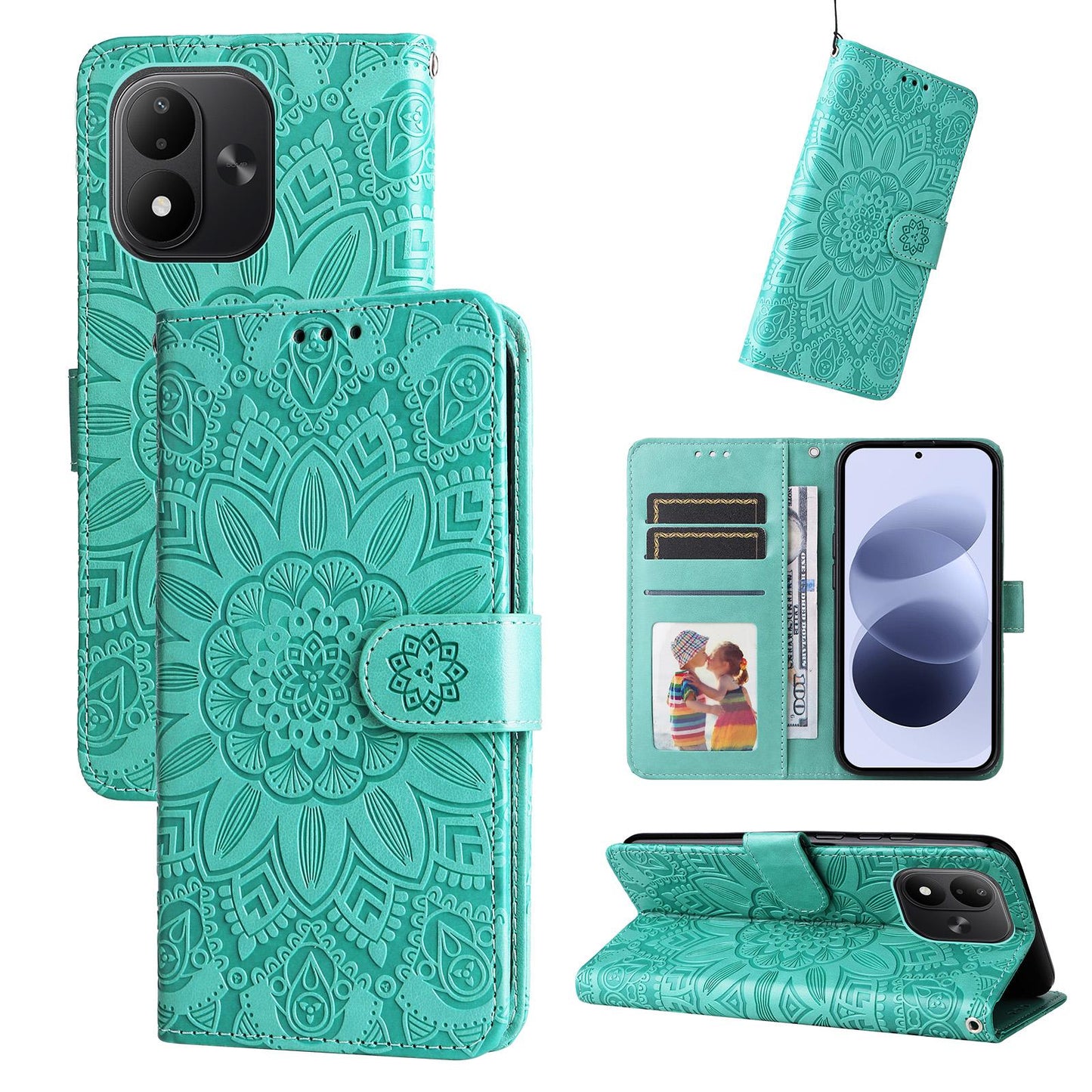 For Redmi Note 17 5G / 4G Global 171mm Embossed Sunflower Leather Phone Case(Green)