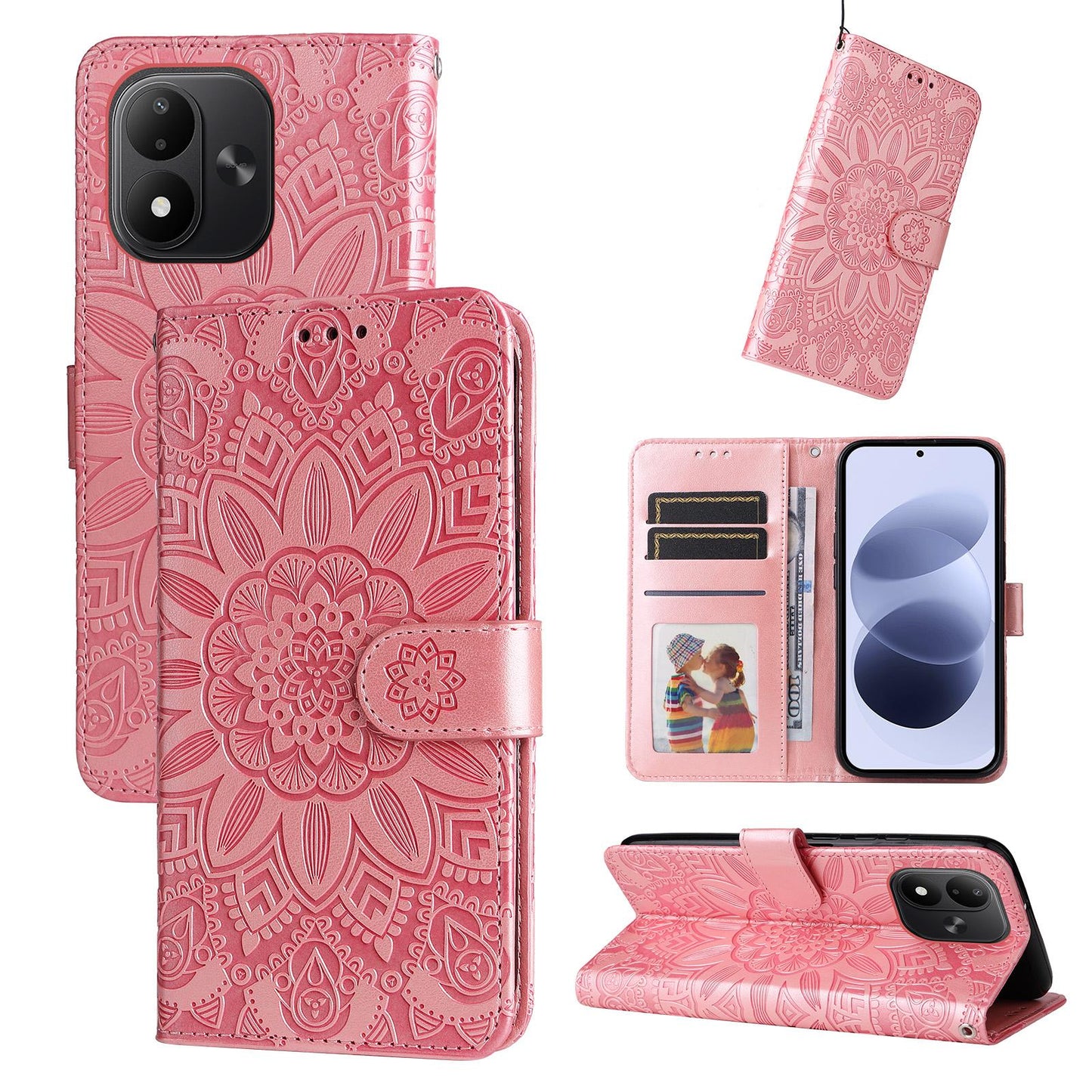 For Redmi Note 17 5G / 4G Global 171mm Embossed Sunflower Leather Phone Case(Rose Gold)