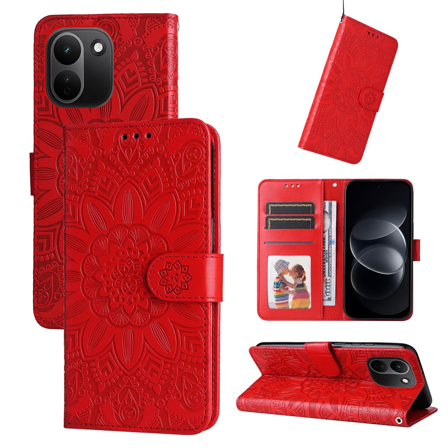 For Redmi Note 17 Pro+ 5G Global 163mm Embossed Sunflower Leather Phone Case(Red)