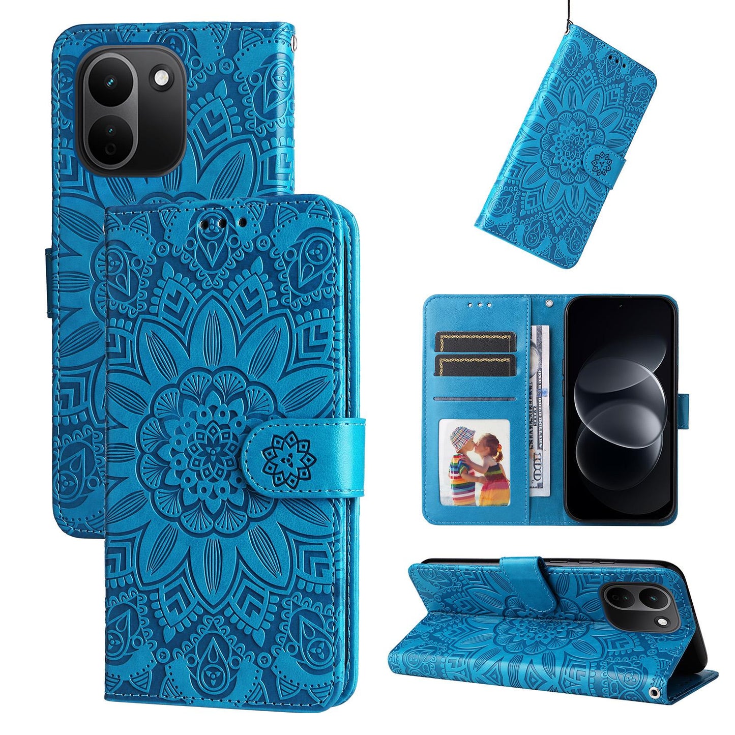For Redmi Note 17 Pro+ 5G Global 163mm Embossed Sunflower Leather Phone Case(Blue)