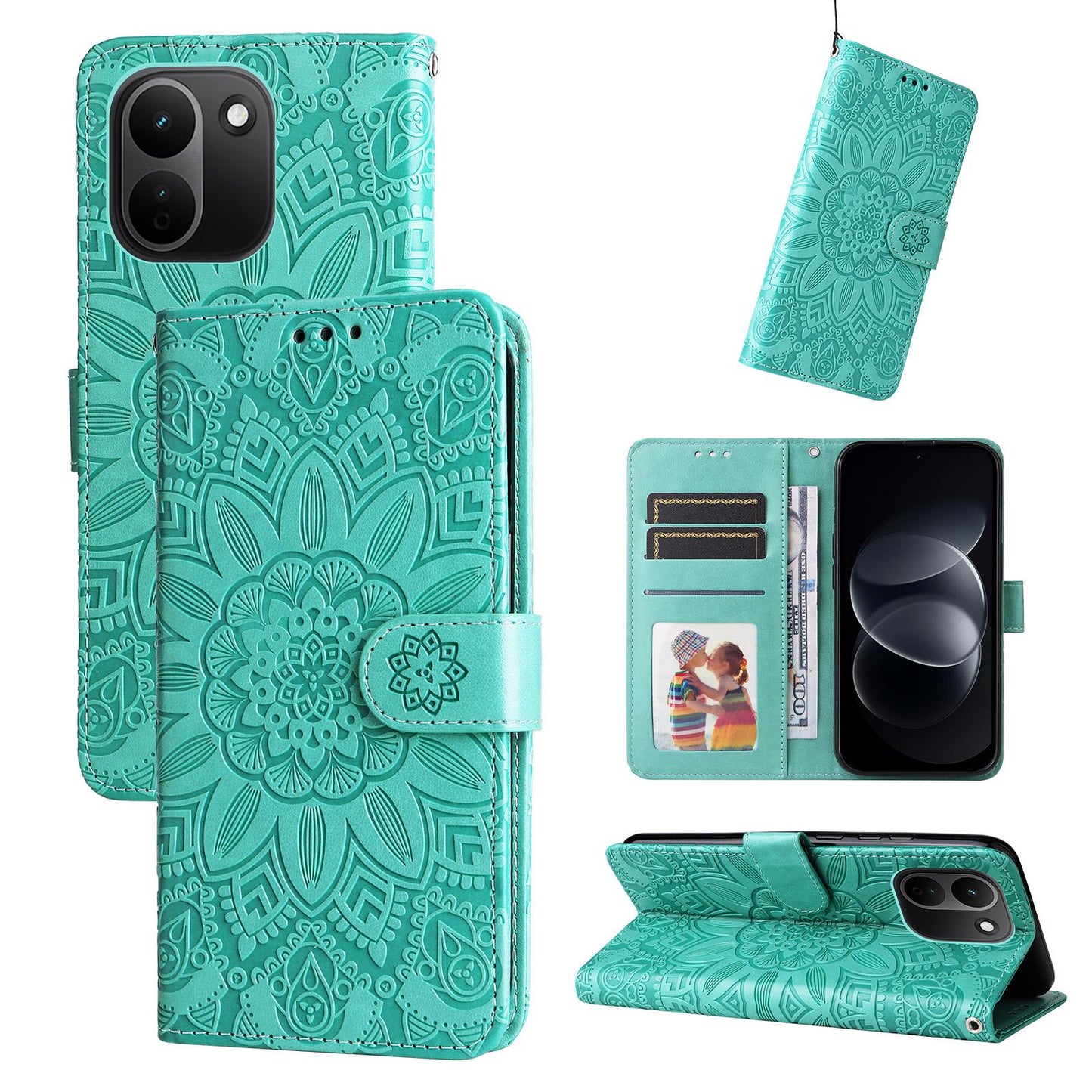 For Redmi Note 17 Pro+ 5G Global 163mm Embossed Sunflower Leather Phone Case(Green)