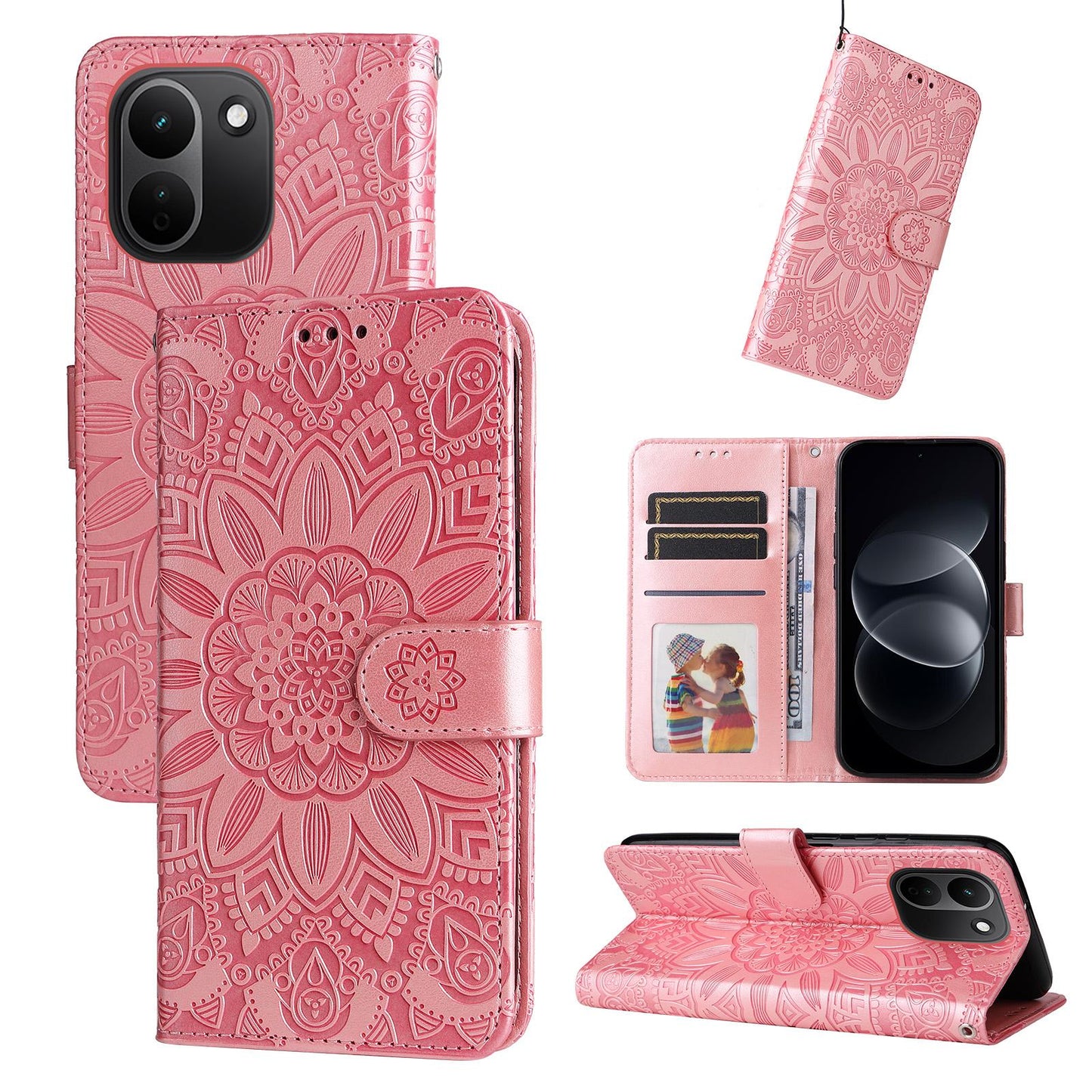 For Redmi Note 17 Pro+ 5G Global 163mm Embossed Sunflower Leather Phone Case(Rose Gold)