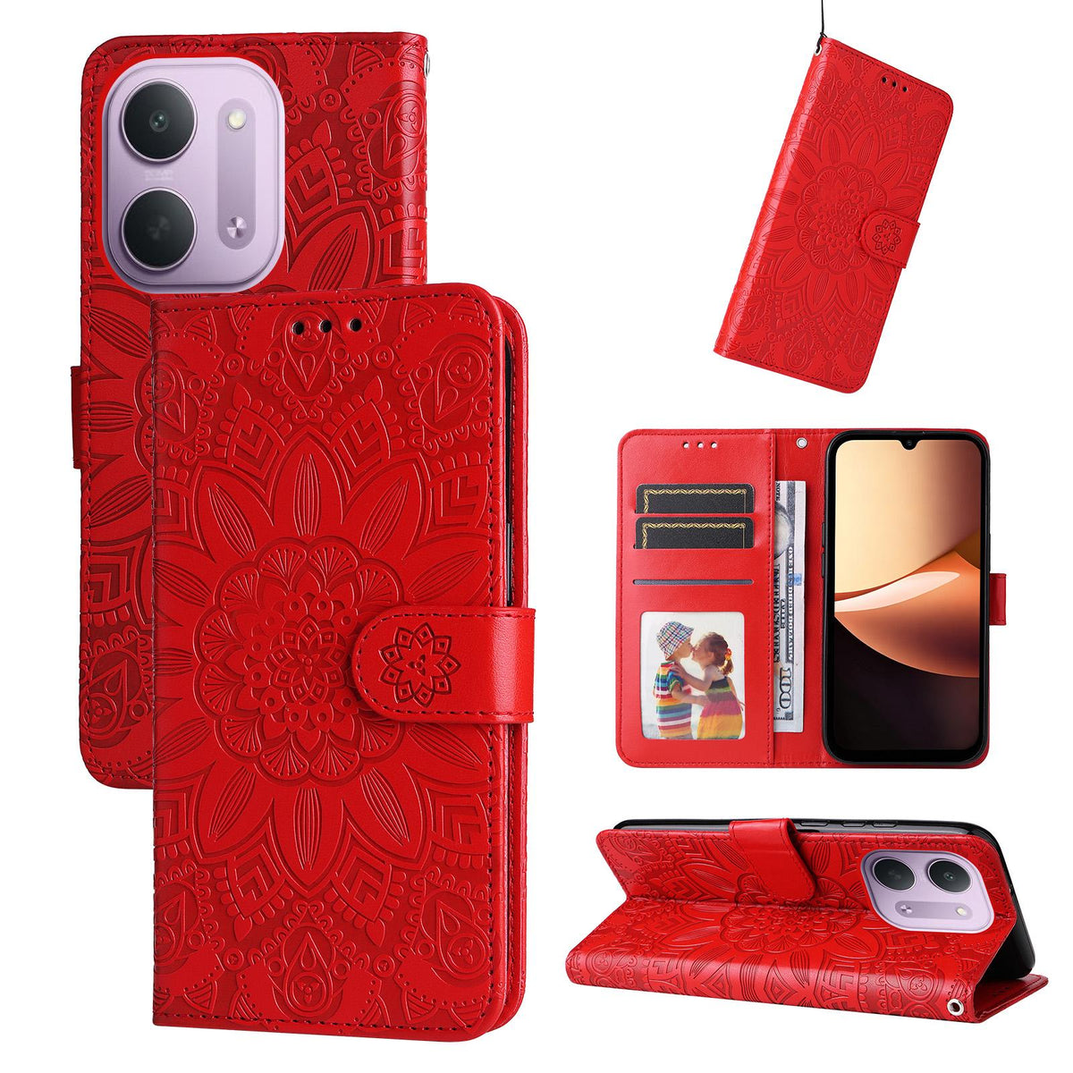 For Redmi 17C 5G Embossed Sunflower Leather Phone Case - Red - EDA006829429A