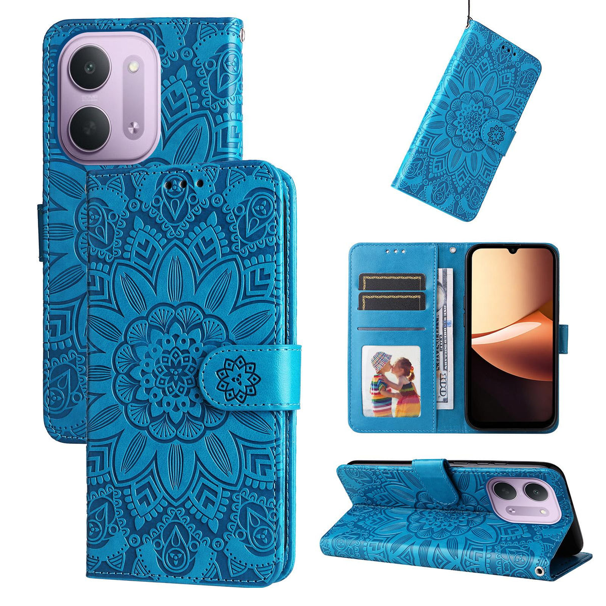 For Redmi 17C 5G Embossed Sunflower Leather Phone Case - Blue - EDA006829429B