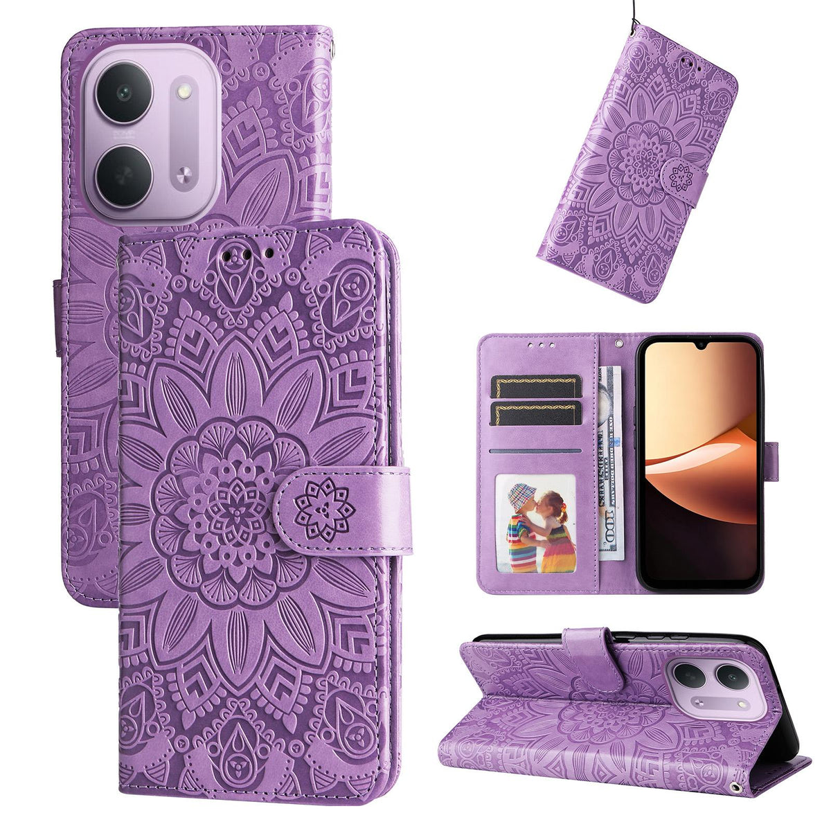 For Redmi 17C 5G Embossed Sunflower Leather Phone Case - Purple - EDA006829429C