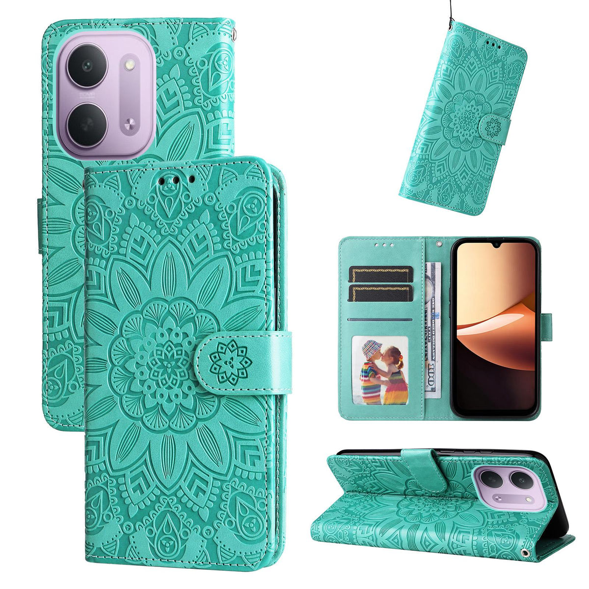 For Redmi 17C 5G Embossed Sunflower Leather Phone Case - Green - EDA006829429D