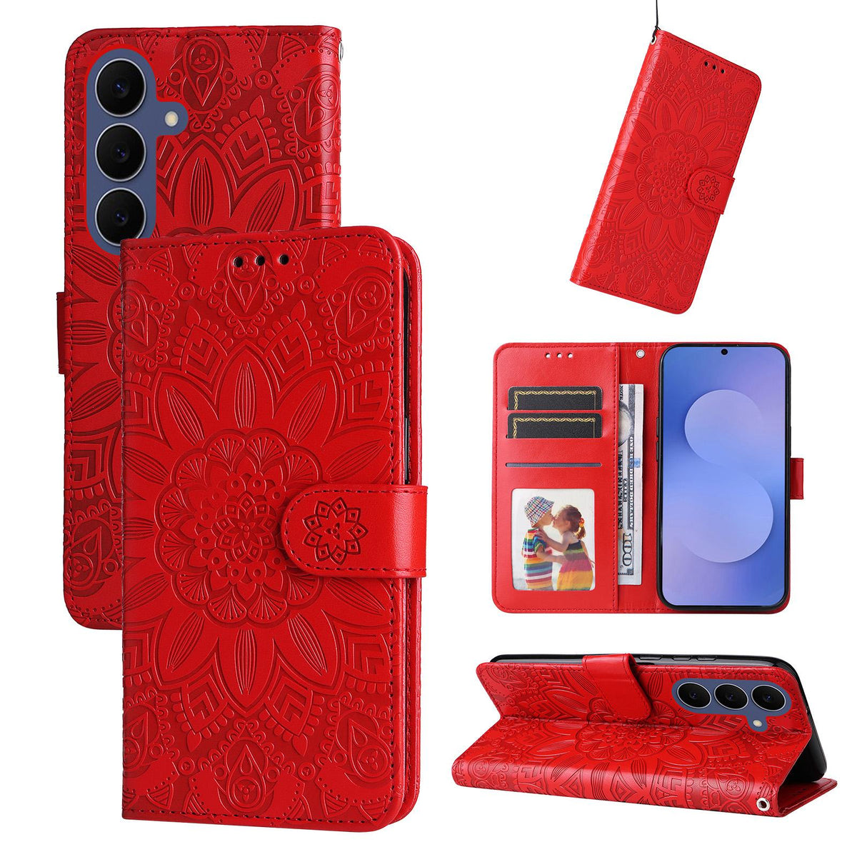 For Galaxy S26 FE 5G Embossed Sunflower Leather Phone Case - Red - EDA006829610A