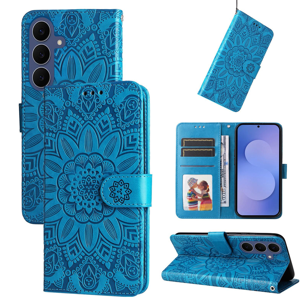 For Galaxy S26 FE 5G Embossed Sunflower Leather Phone Case - Blue - EDA006829610B