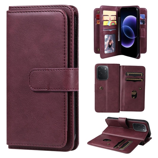 For Xiaomi Poco C95 Pro Multi-Function Wallet 10 Card Slots Leather Phone Case(Claret)
