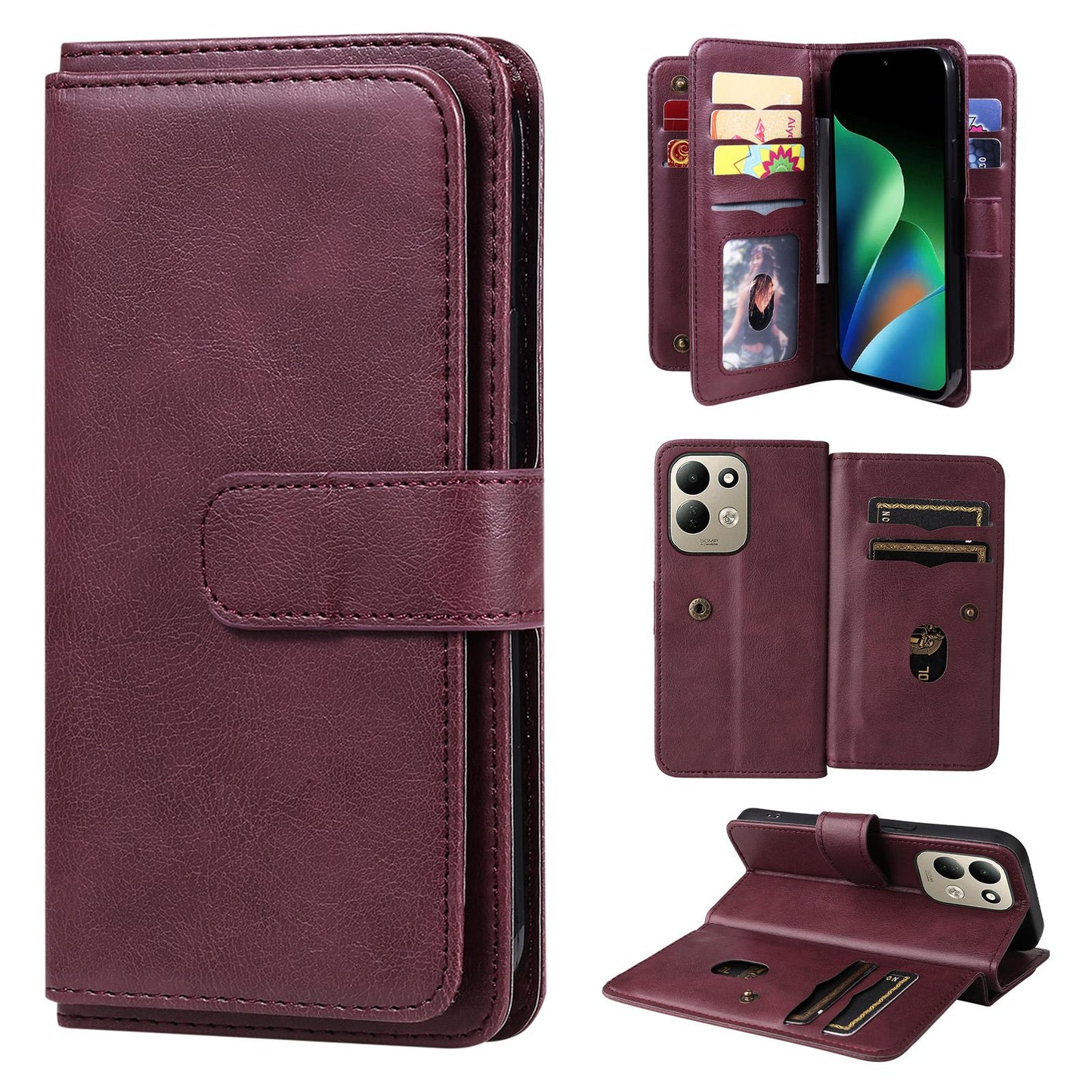 For Redmi 17 5G / 4G Global 170mm Multi-Function Wallet 10 Card Slots Leather Phone Case(Claret)