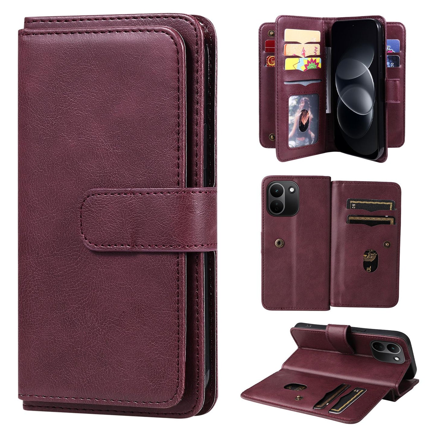 For Redmi Note 17 Pro+ 5G Global 163mm Multi-Function Wallet 10 Card Slots Leather Phone Case(Claret)