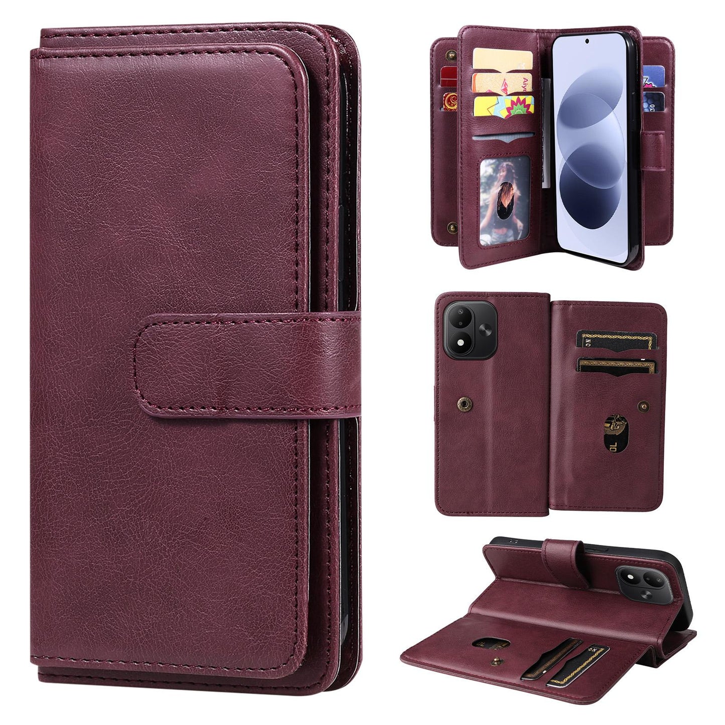 For Redmi Note 17 5G/4G Global 171mm Multi-Function Wallet 10 Card Slots Leather Phone Case(Claret)
