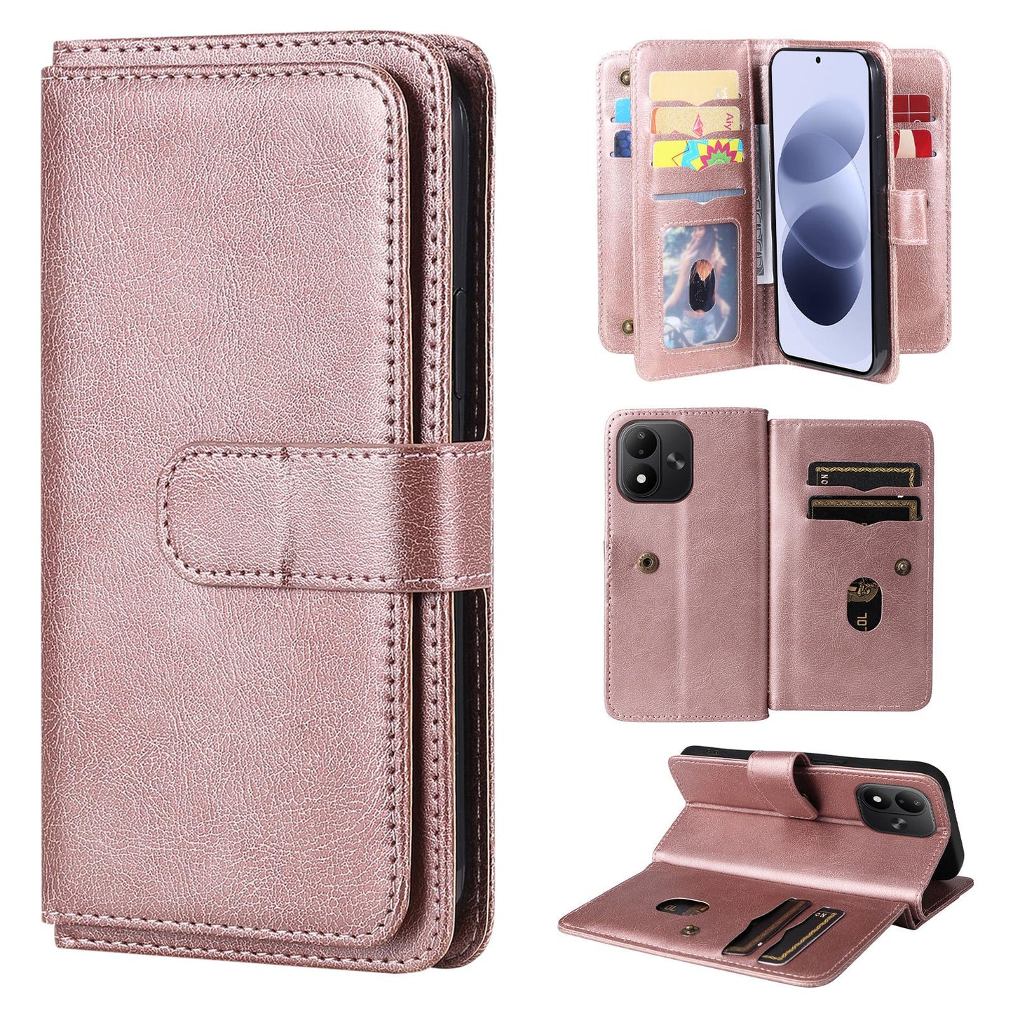 For Redmi Note 17 5G/4G Global 171mm Multi-Function Wallet 10 Card Slots Leather Phone Case(Rose Gold)