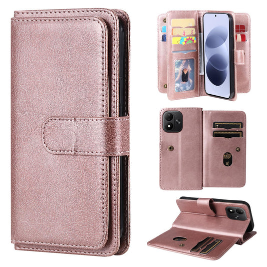 For Redmi Note 17 5G/4G Global 171mm Multi-Function Wallet 10 Card Slots Leather Phone Case(Rose Gold)