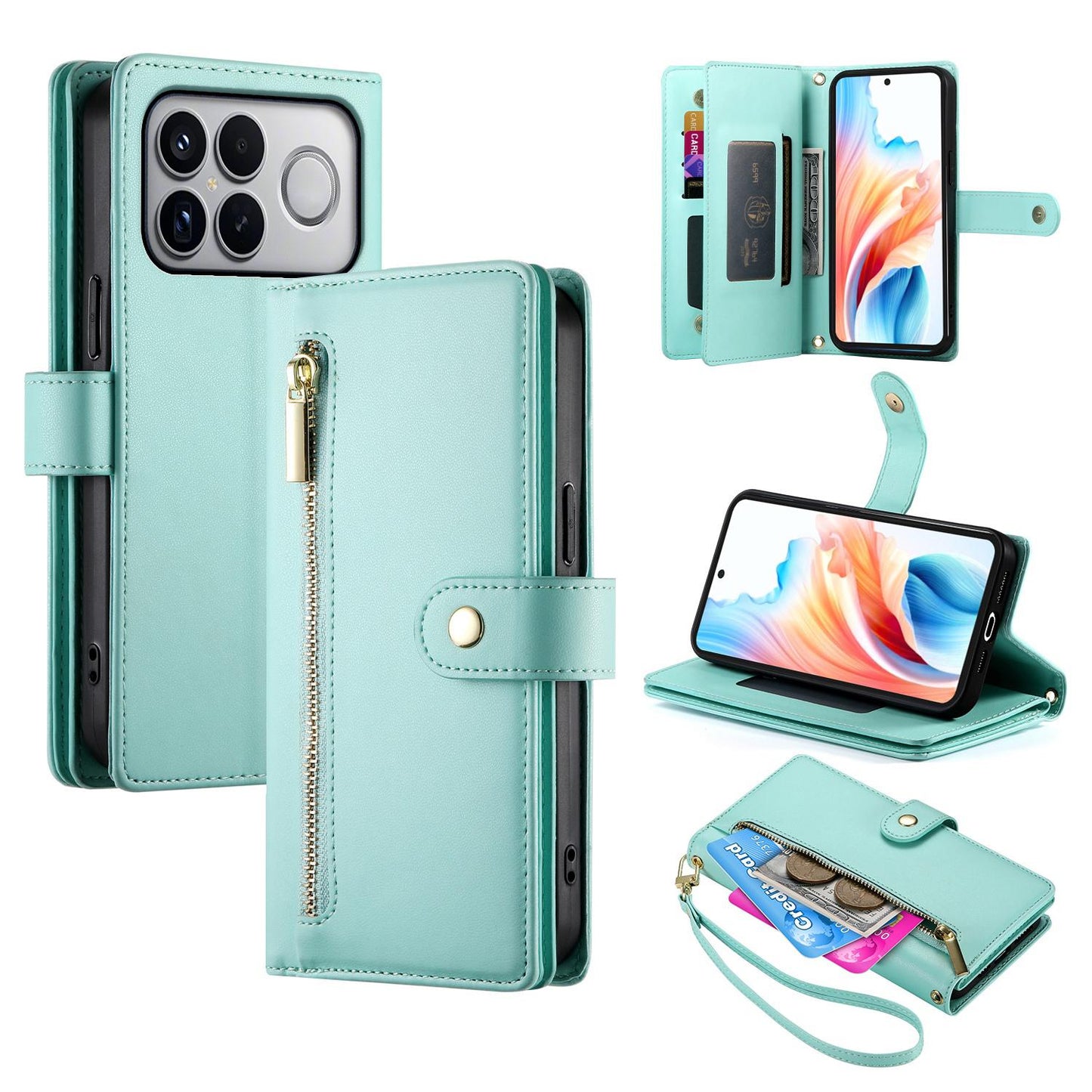 For Redmi K90 Pro Max / Poco F8 Ultra 5G Nine Card-slot Zipper Wallet Bag Leather Phone Case(Mint Green)