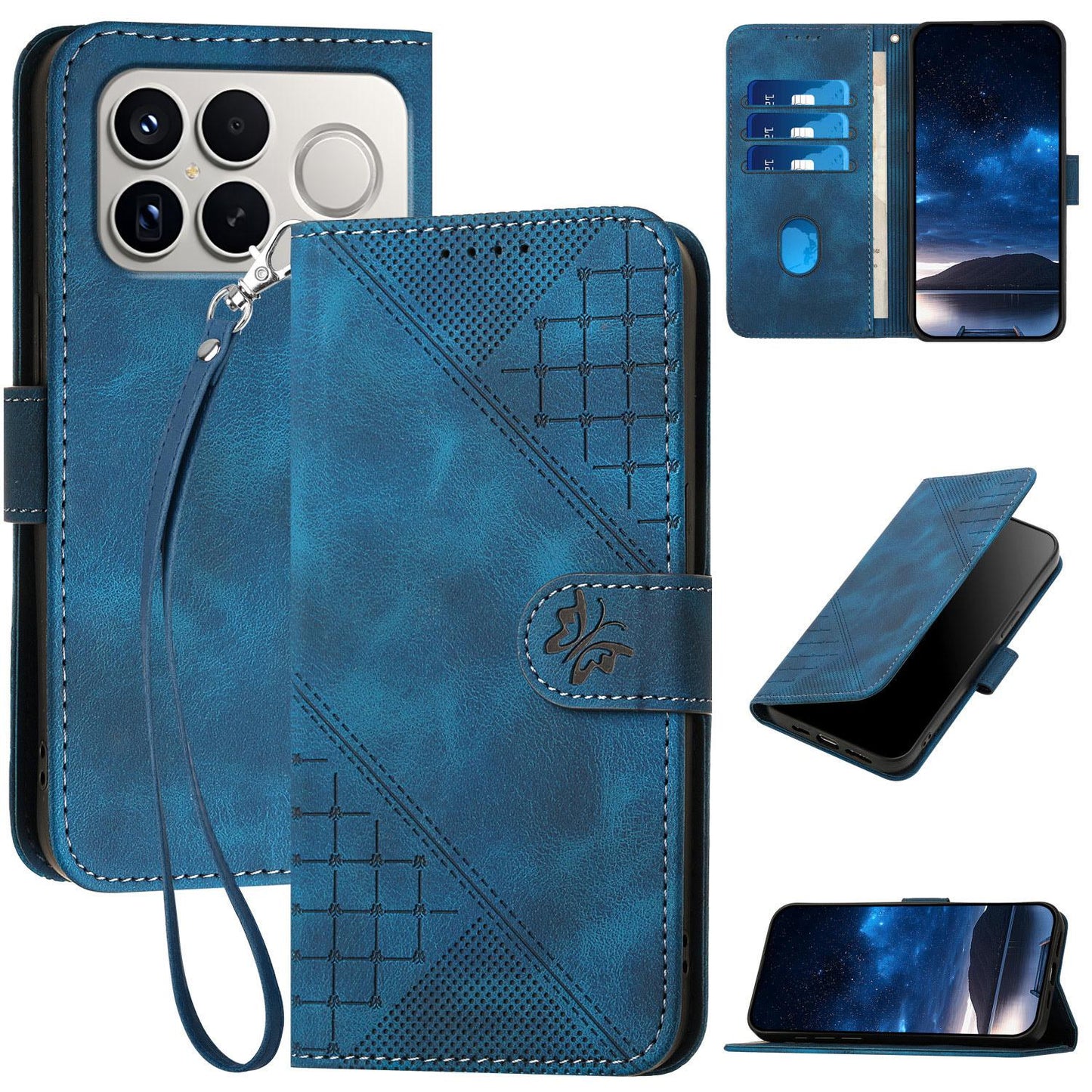 For Redmi K90 Pro Max / Poco F8 Ultra Grid Butterfly Embossed Pattern Leather Phone Case with Lanyard(Dark Blue)