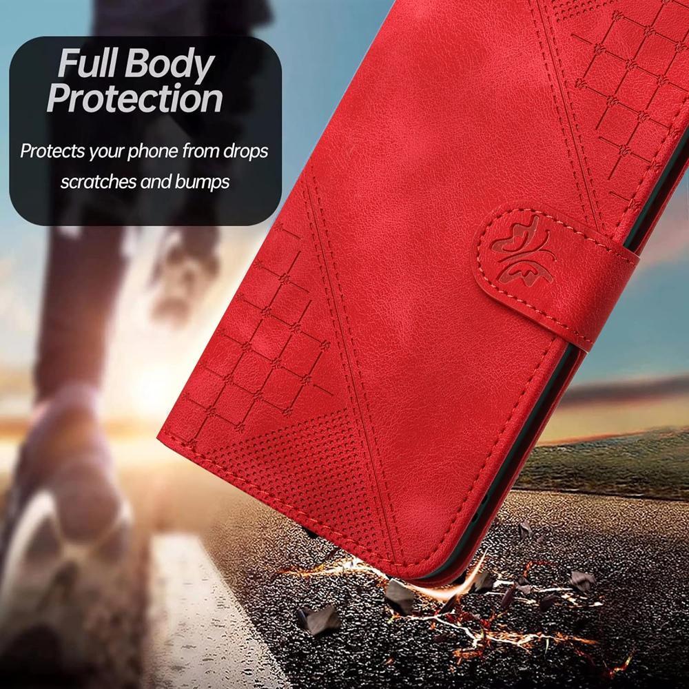 For Redmi K90 Pro Max / Poco F8 Ultra Grid Butterfly Embossed Pattern Leather Phone Case with Lanyard(Red)