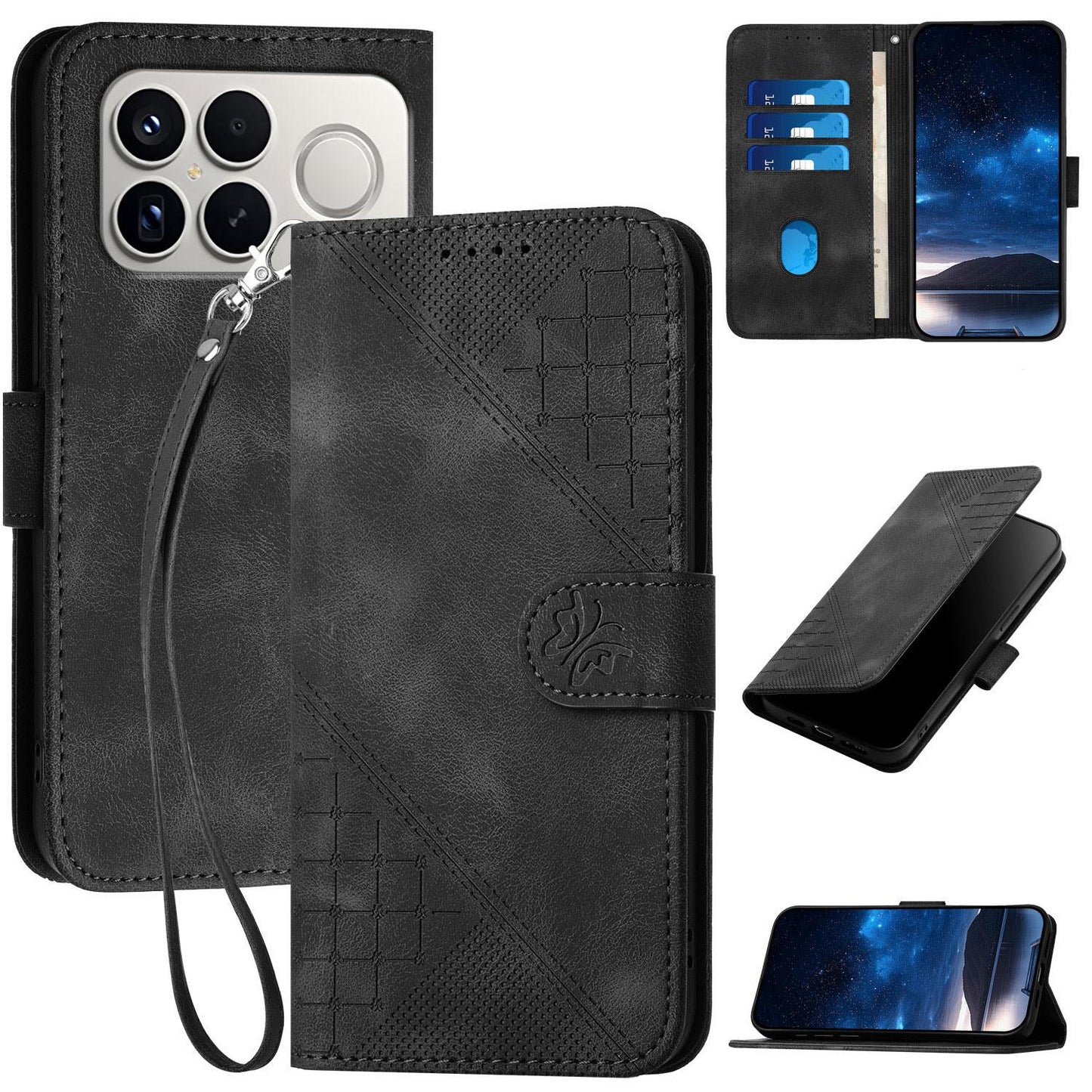For Redmi K90 Pro Max / Poco F8 Ultra Grid Butterfly Embossed Pattern Leather Phone Case with Lanyard(Black)