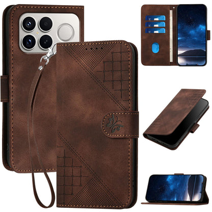 For Redmi K90 Pro Max / Poco F8 Ultra Grid Butterfly Embossed Pattern Leather Phone Case with Lanyard(Coffee)
