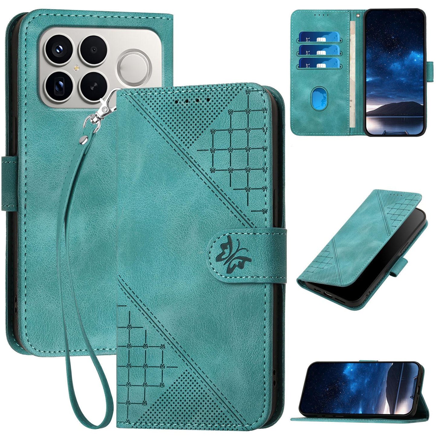 For Redmi K90 Pro Max / Poco F8 Ultra Grid Butterfly Embossed Pattern Leather Phone Case with Lanyard(Light Blue)